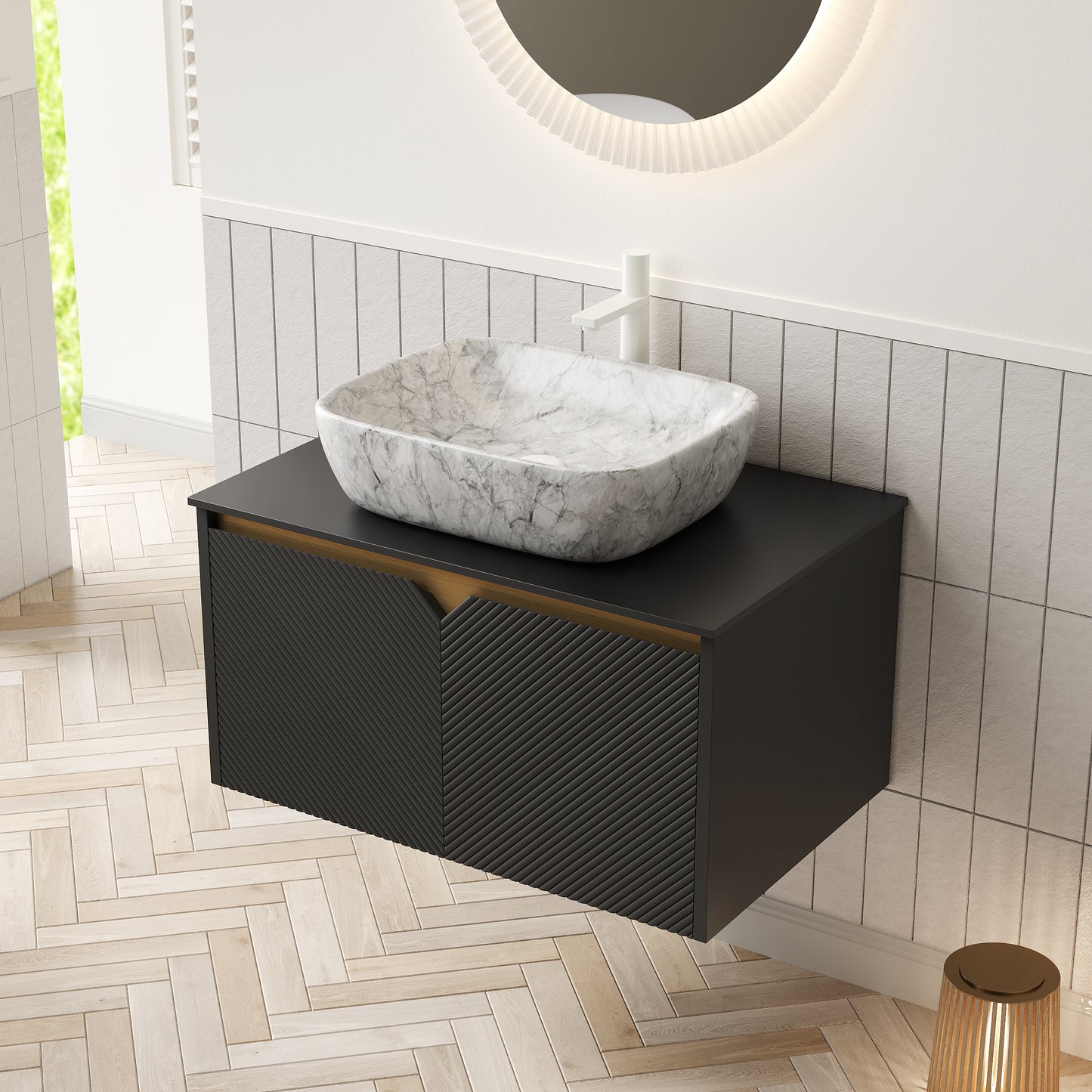 RUBEN 48" Bathroom Vanity&Sink, Wall-Mounted Floating Plywood Storage Cabinet,Black,Marble Pattern Rectangle Ceramic Vessel Basin