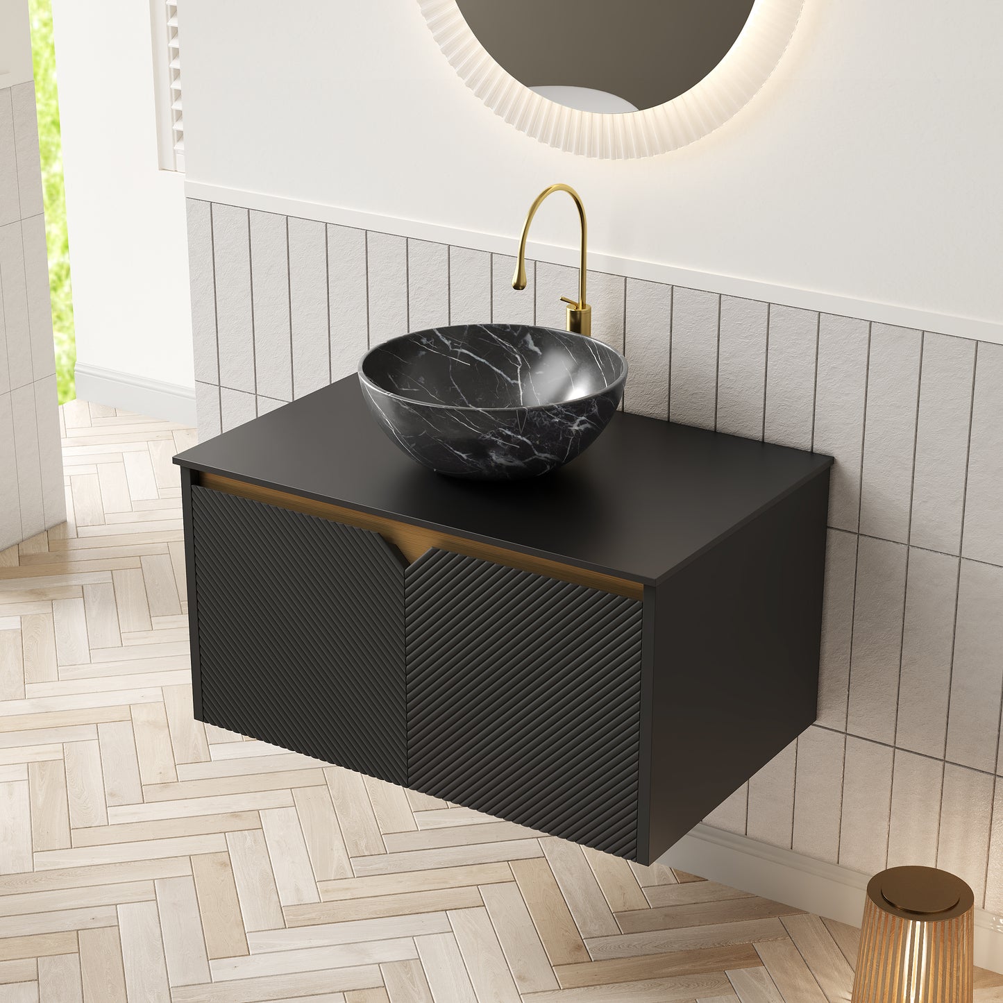 RUBEN 48" Bathroom Vanity&Sink, Wall-Mounted Floating Plywood Storage Cabinet, Black,Black Bowl Ceramic Vessel Basin