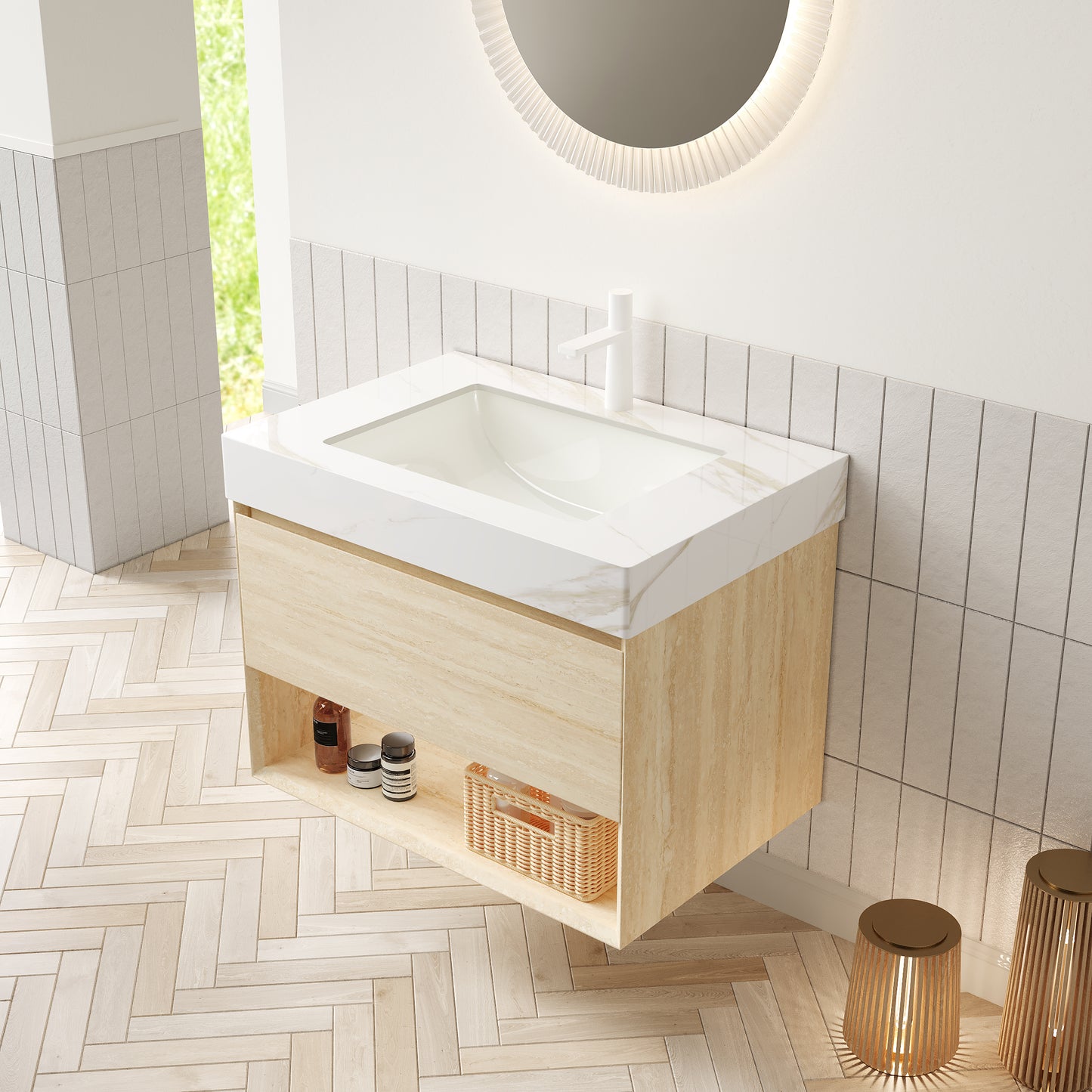 FRIGGA 30" Badezimmer-Waschtisch und Waschbecken, schwebender Sperrholz-Aufbewahrungsschrank, Schublade und Regal mit Sensorlicht