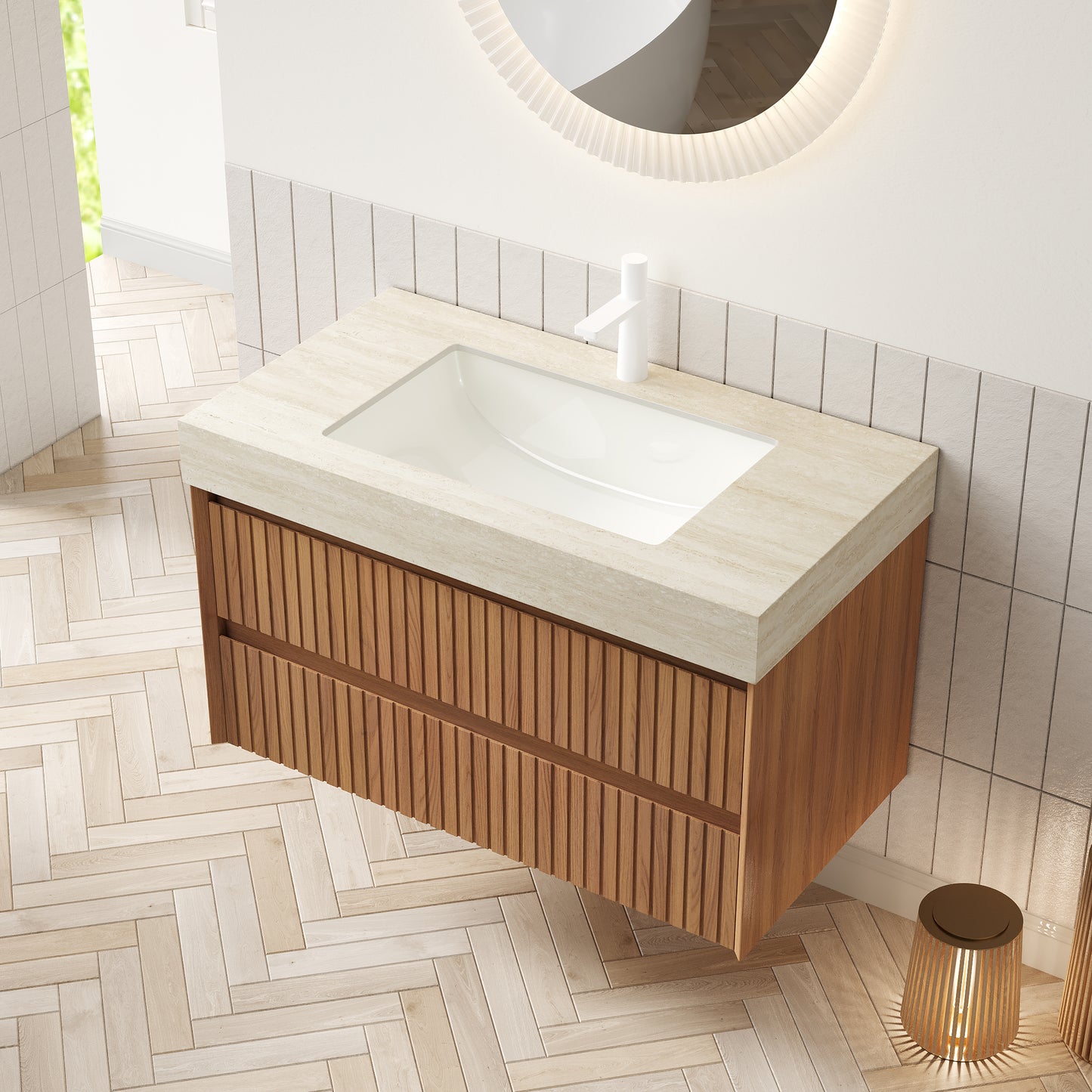 TILLEY 30" Bathroom Vanity&Sink, Floating Striped Plywood Storage Cabinet with 2 Drawers,Travertine-Pattern Sintered Stone Top