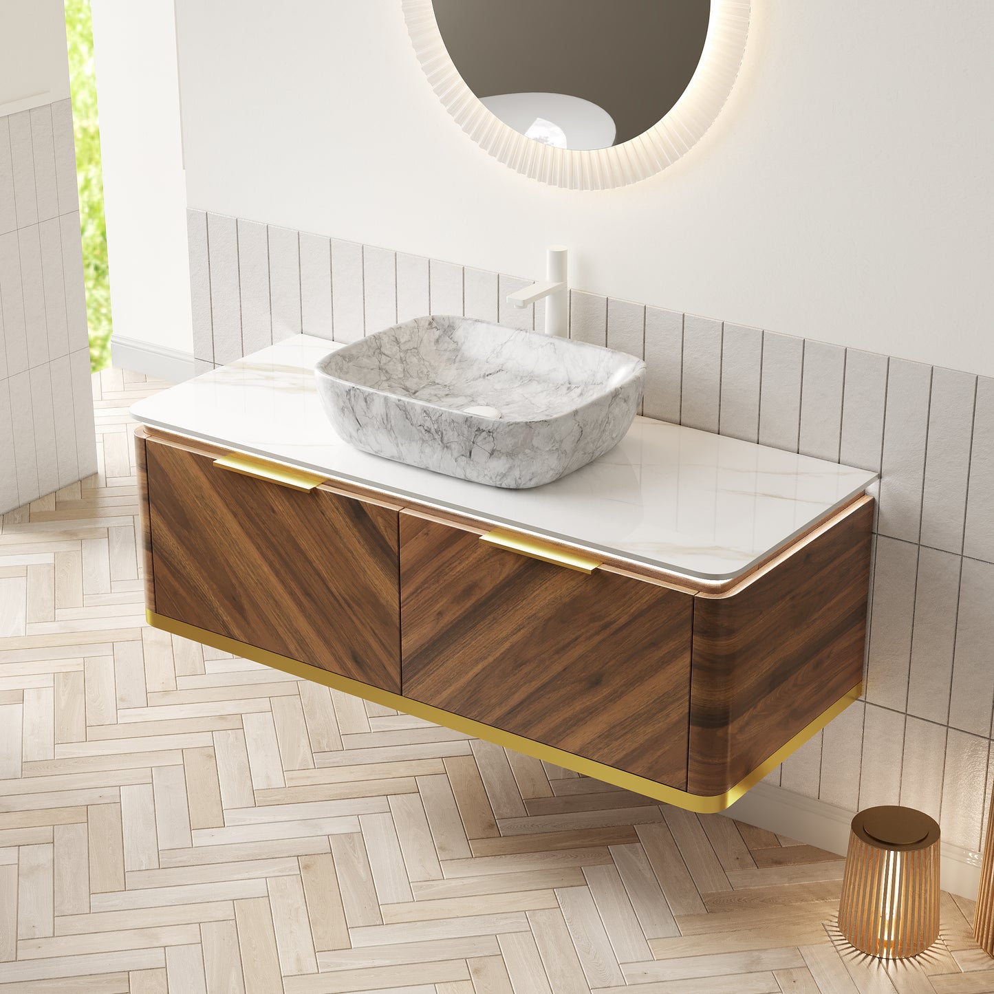 DIPA 60" Badezimmer-Waschtisch und Waschbecken, schwebender Sperrholz-Aufbewahrungsschrank, dunkle Walnussholzmaserung, gesinterte Steinplatte