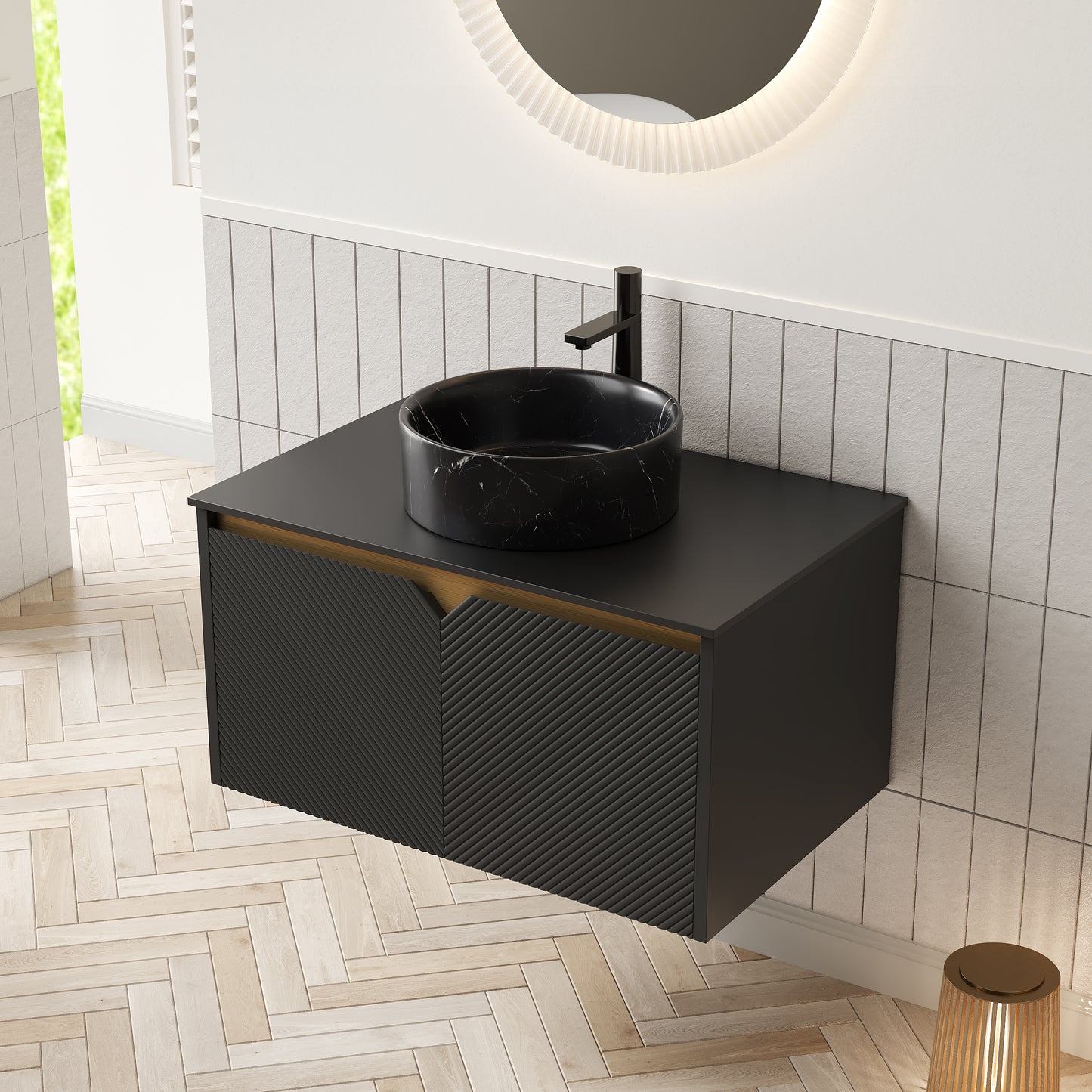 RUBEN 30" Bathroom Vanity&Sink, Wall-Mounted Floating Plywood Storage Cabinet, Black, Black Round Ceramic Vessel Basin