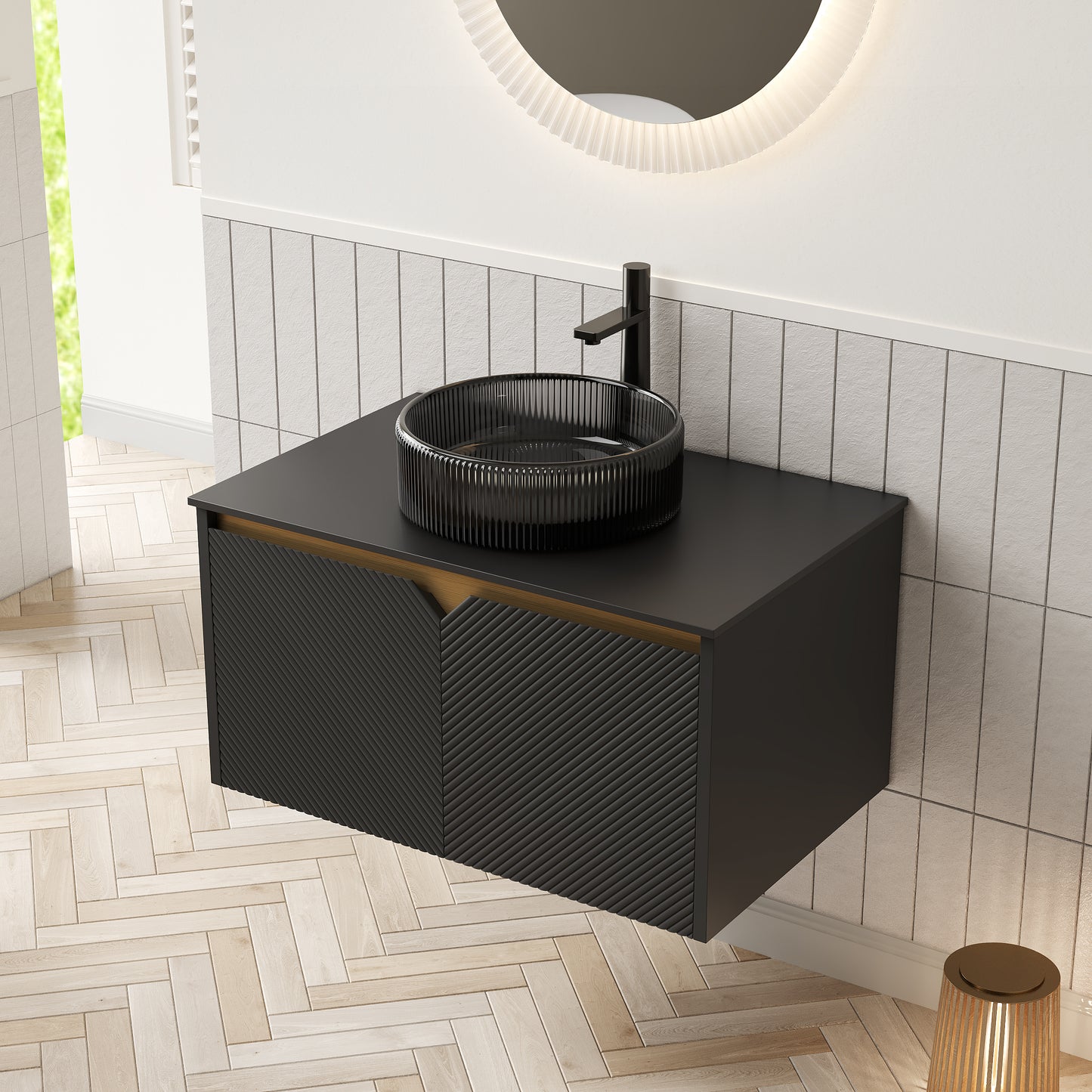 RUBEN 48" Bathroom Vanity with Sink, Wall-Mounted Floating Plywood Storage Cabinet, Black , Transparent Black Round Glass Basin