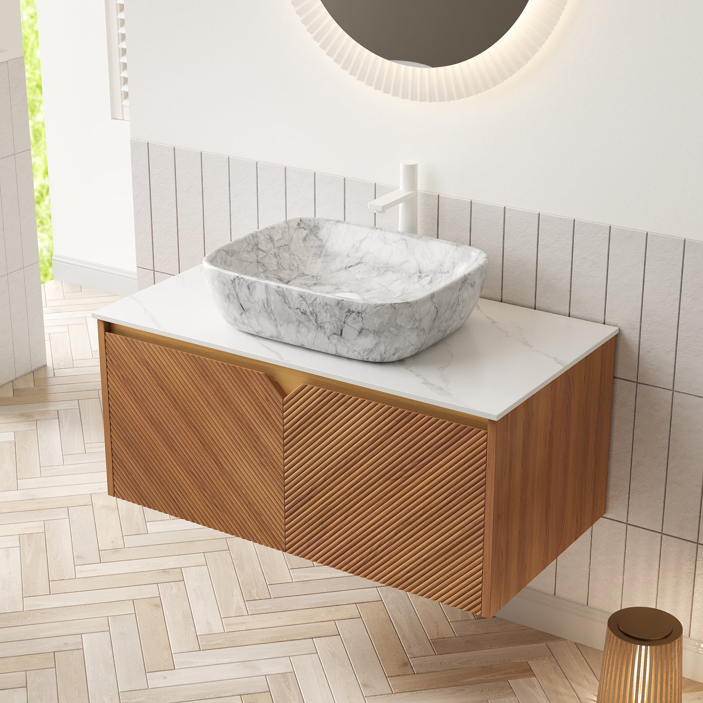 RUBEN 48" Badezimmer-Waschtisch und Waschbecken, schwebender Sperrholz-Aufbewahrungsschrank, Keramik-Waschbecken mit Marmormuster