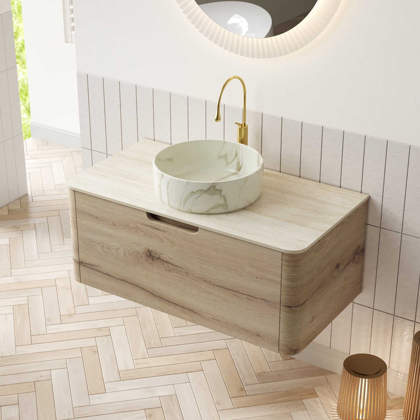 XAI 36" Badezimmerwaschtisch mit Waschbecken, schwebender Sperrholz-Aufbewahrungsschrank mit Schublade, Keramikwaschbecken mit Steinmuster