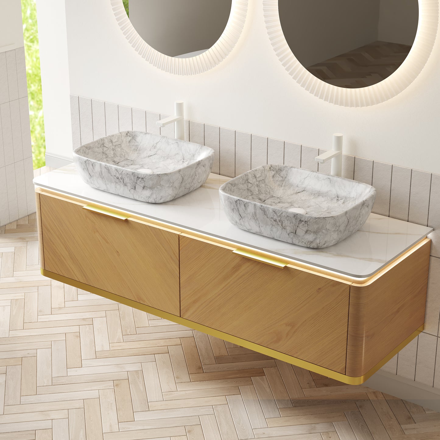 DIPA 60" Badezimmer-Waschtisch und Waschbecken, schwebender Sperrholz-Aufbewahrungsschrank mit 2 Schubladen, Sintersteinplatte