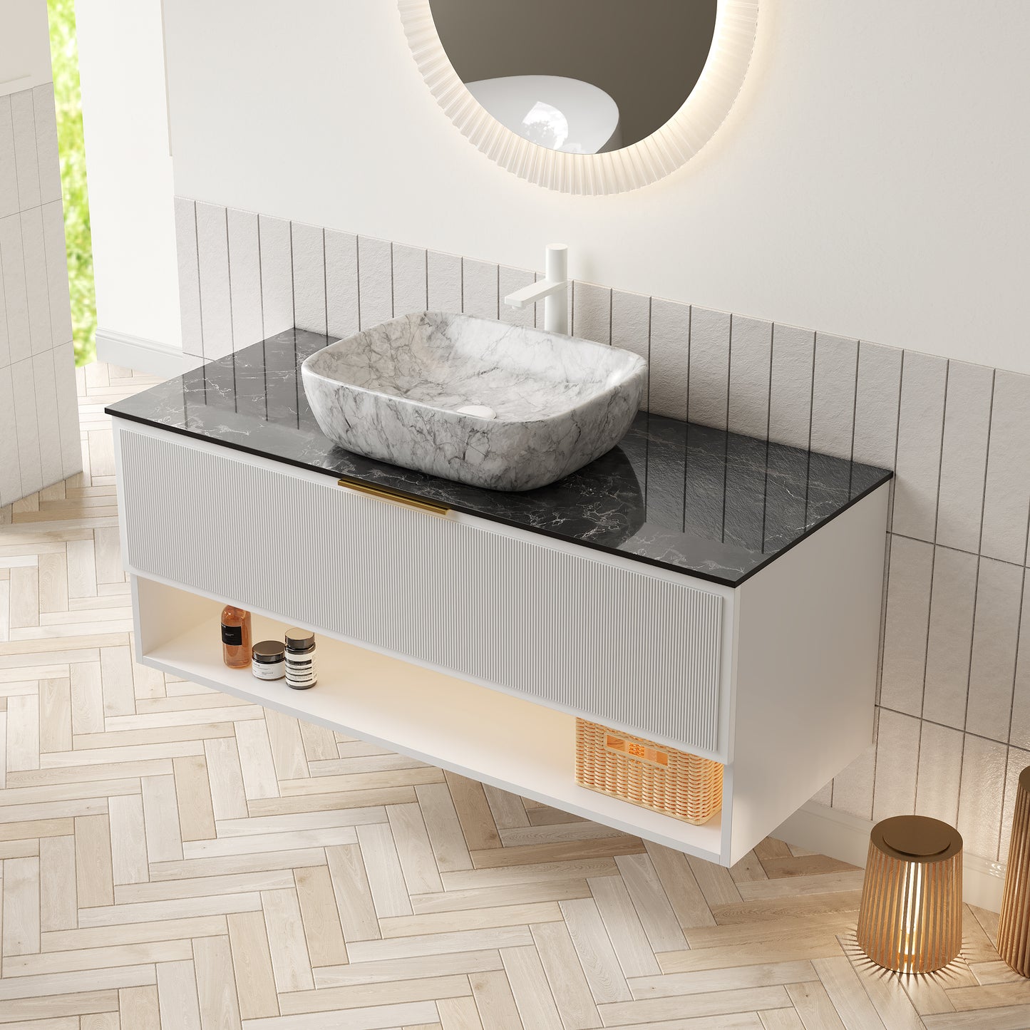 MALONE 48" Badezimmer-Waschtisch mit Waschbecken, schwebender Sperrholz-Aufbewahrungsschrank