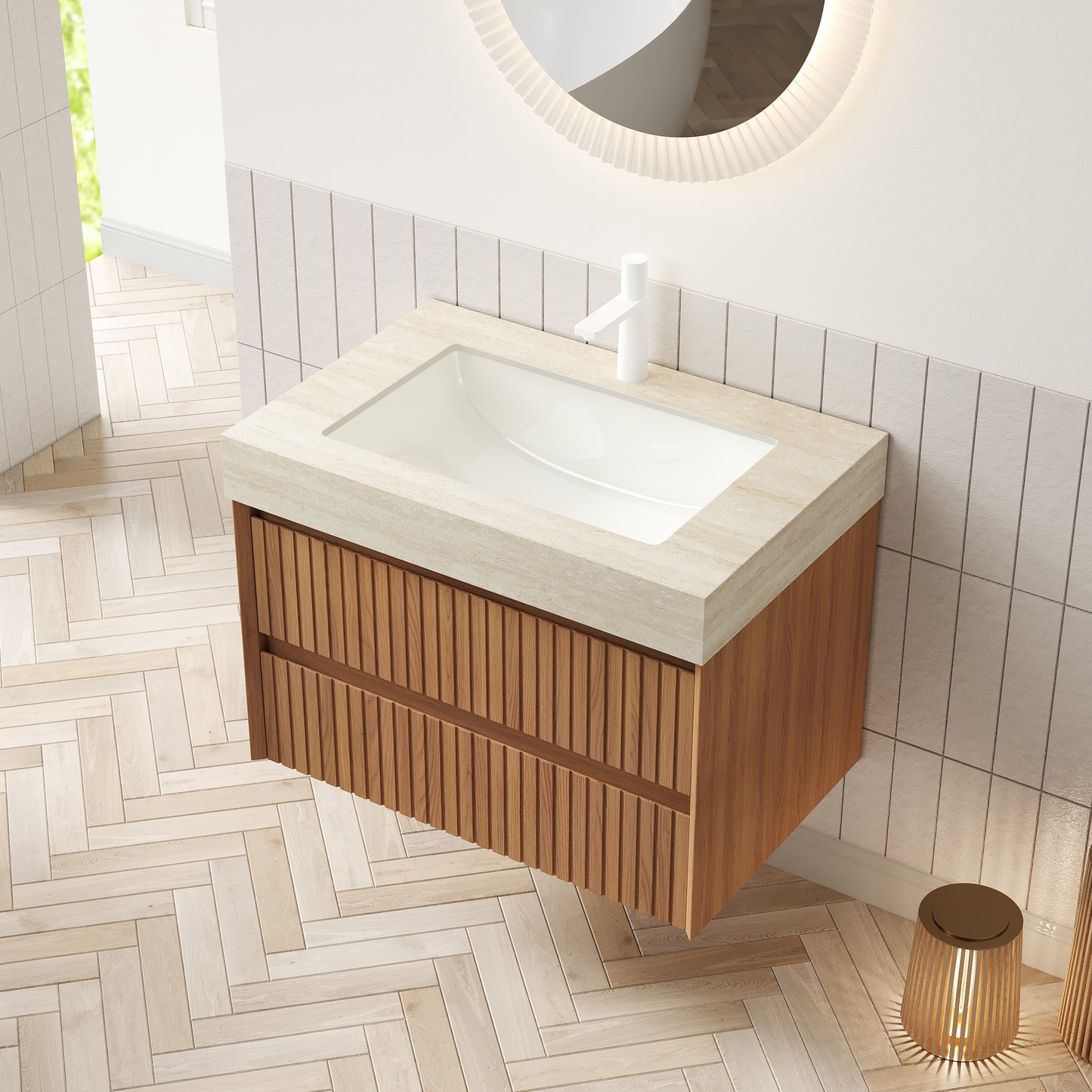 TILLEY 30" Bathroom Vanity&Sink, Floating Striped Plywood Storage Cabinet with 2 Drawers,Travertine-Pattern Sintered Stone Top