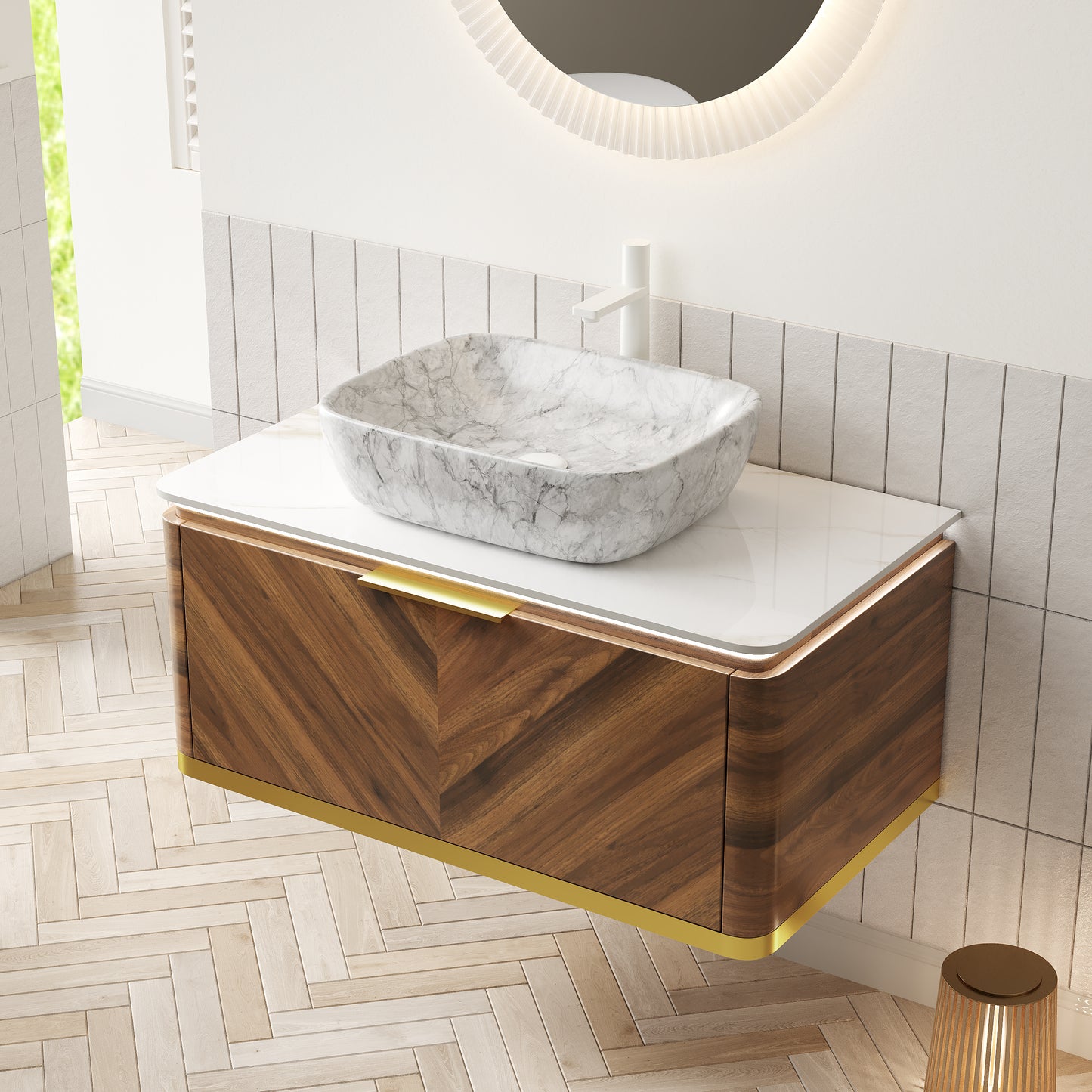 DIPA 60" Badezimmer-Waschtisch und Waschbecken, schwebender Sperrholz-Aufbewahrungsschrank, dunkle Walnussholzmaserung, gesinterte Steinplatte