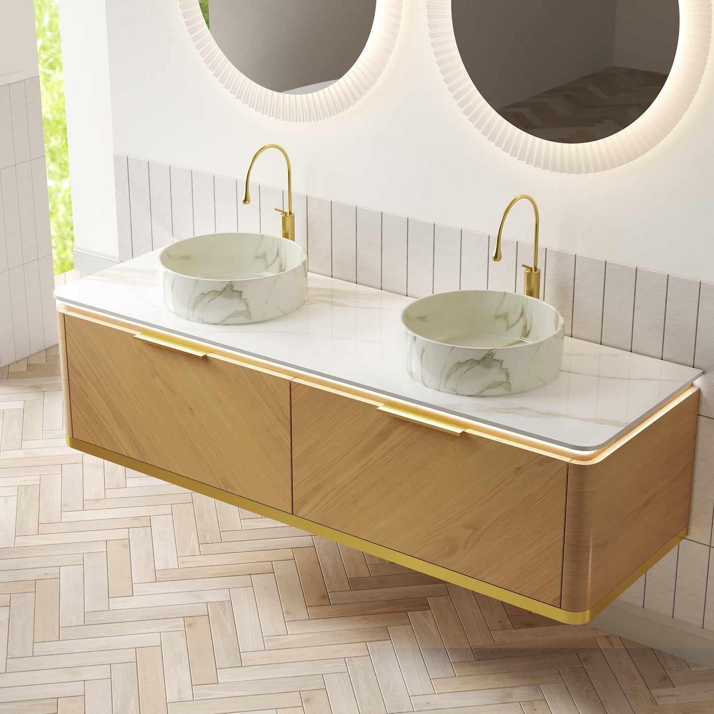 DIPA 60" Badezimmer-Waschtisch und Waschbecken, schwebender Sperrholz-Aufbewahrungsschrank mit Schublade, Eichenholzmaserung