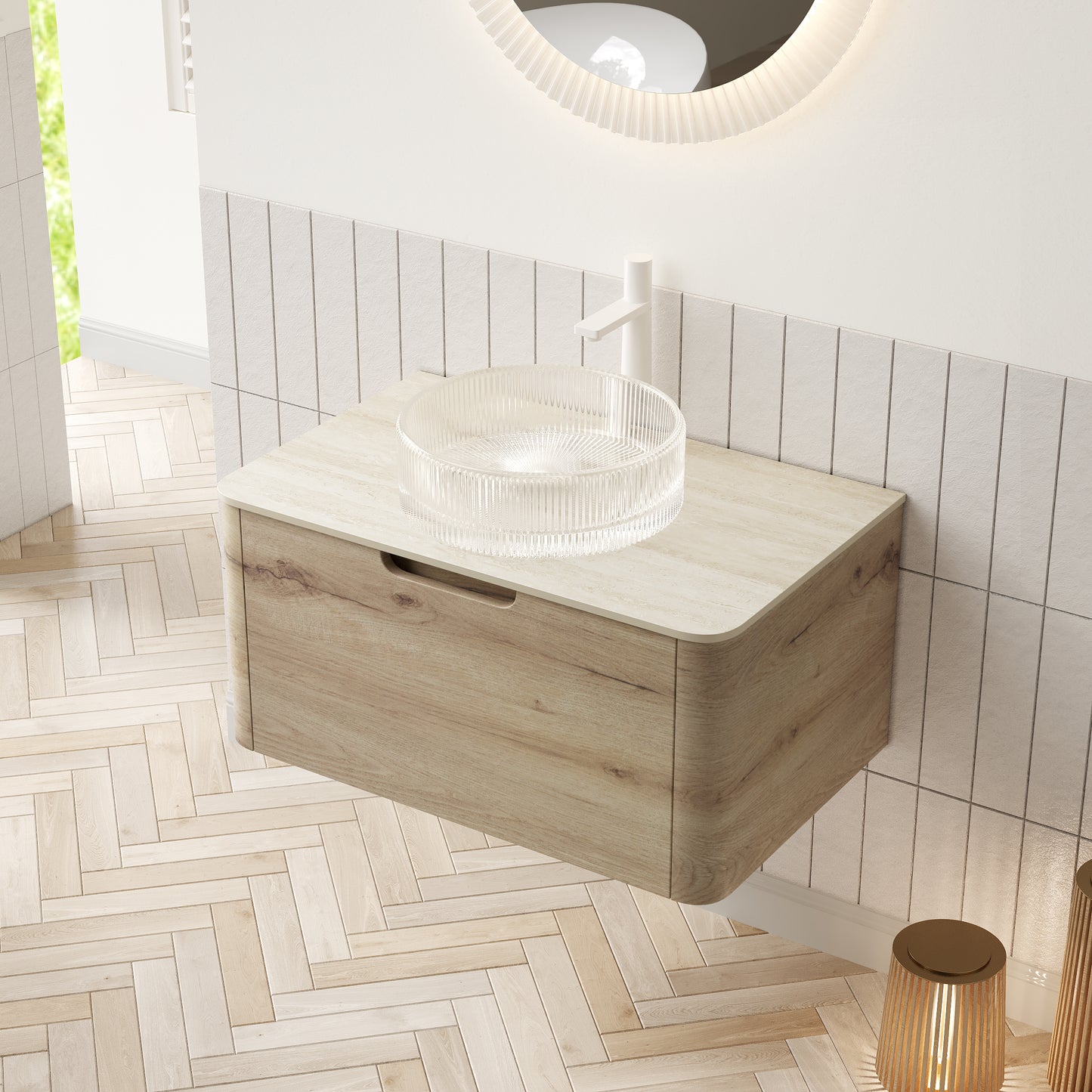 XAI 36" Bathroom Vanity with Sink, Floating Plywood Storage Cabinet with Drawer, Transparent Round Glass Basin