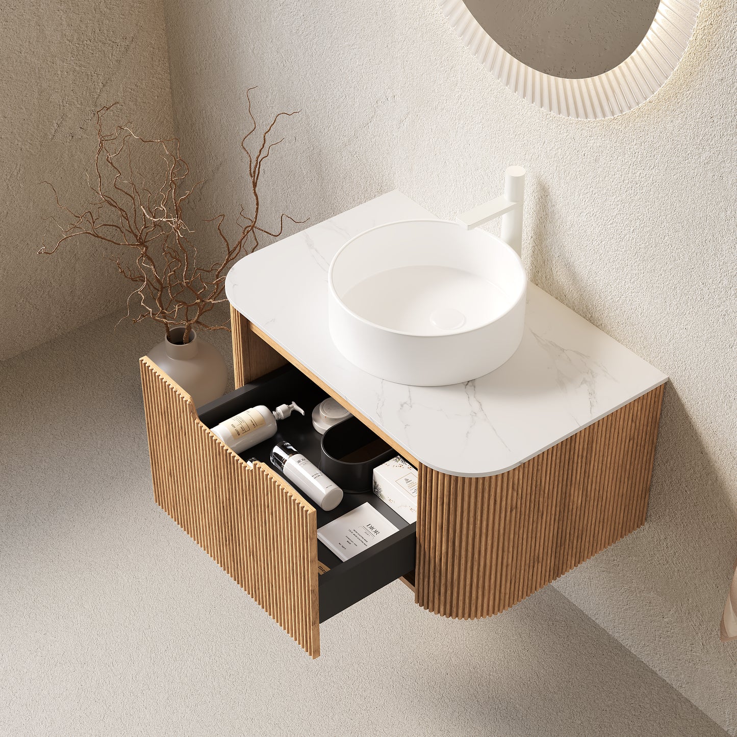 DINA Bathroom Vanity&Sinks, Floating Curved Edges Striped Storage Cabinet, Natural Woodgrain