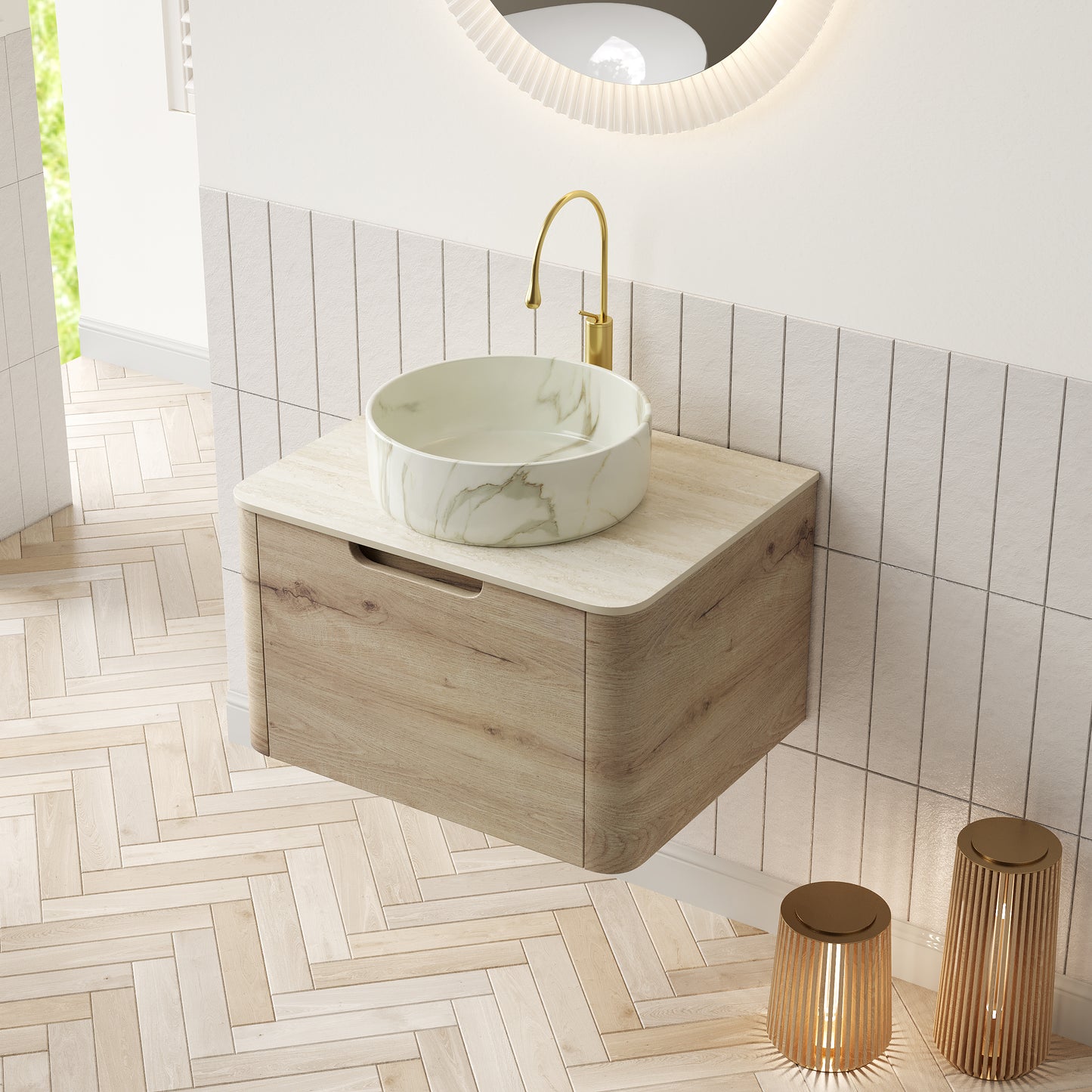 XAI 36" Badezimmerwaschtisch mit Waschbecken, schwebender Sperrholz-Aufbewahrungsschrank mit Schublade, Keramikwaschbecken mit Steinmuster