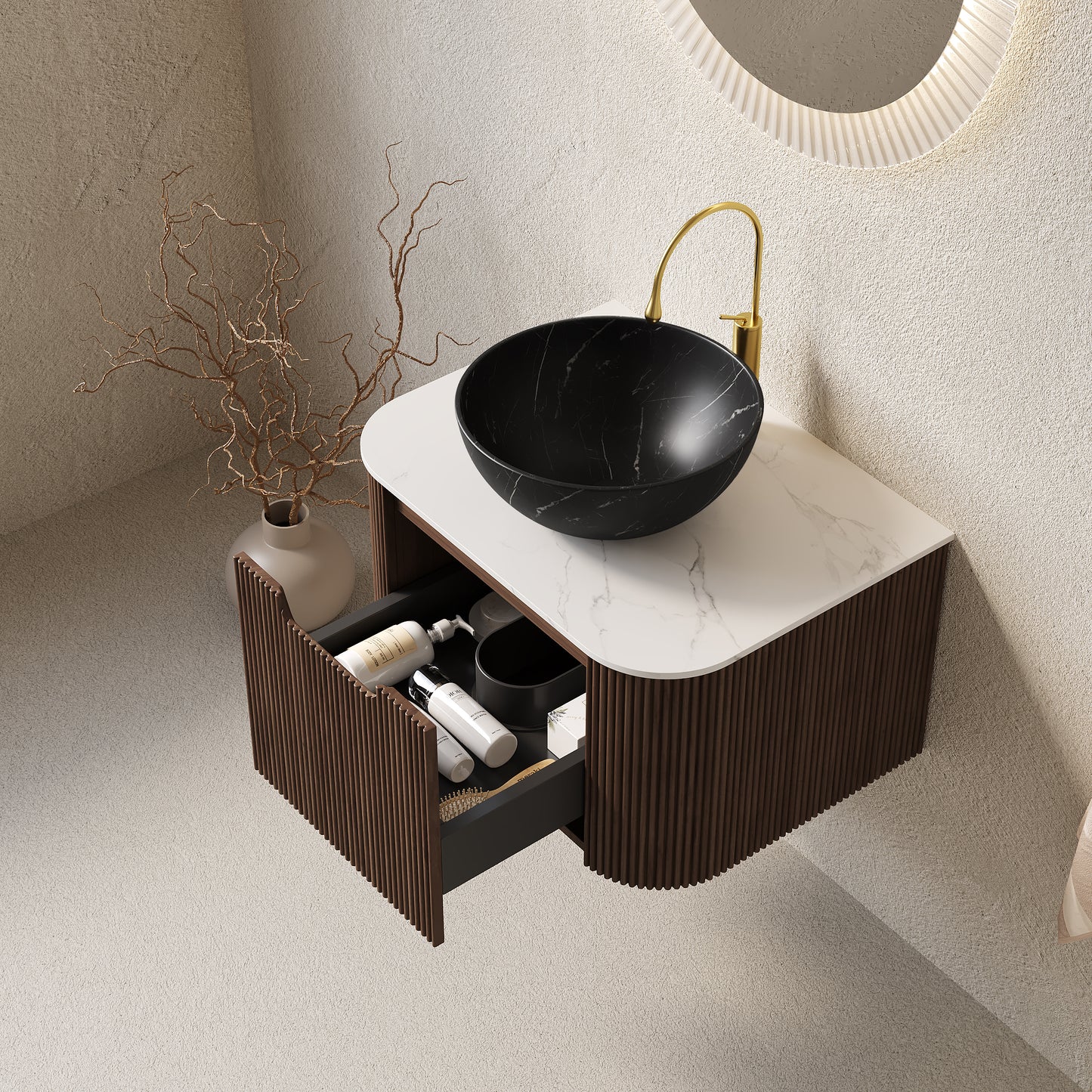DINA 24" Bathroom Vanity&Sink, Floating Curved Edges Striped Storage Cabinet with Drawer, Stone Black Round Ceramic Basin&Carrara White Sintered Stone Top, Pre-assembled, Dark Walnut Woodgrain Color