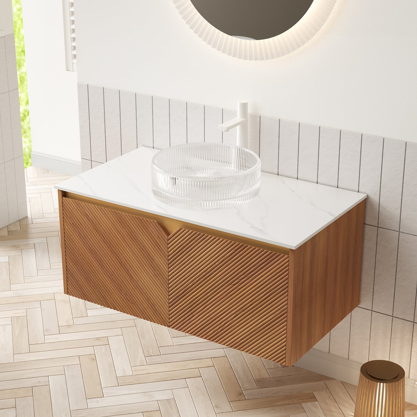 RUBEN 48" Bathroom Vanity&Sink, Floating Plywood Storage Cabinet,transparent Round Glass