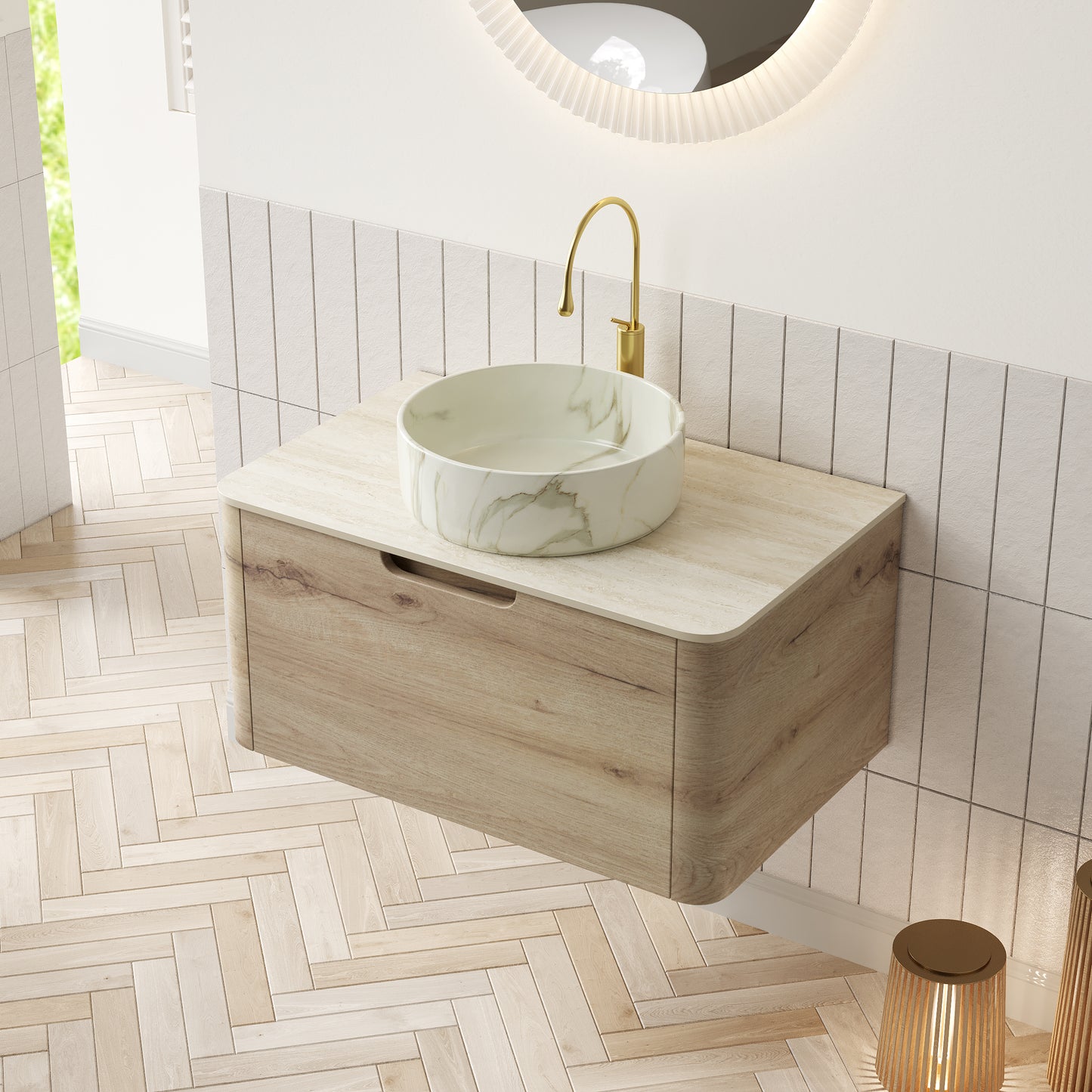 XAI 36" Badezimmerwaschtisch mit Waschbecken, schwebender Sperrholz-Aufbewahrungsschrank mit Schublade, Keramikwaschbecken mit Steinmuster