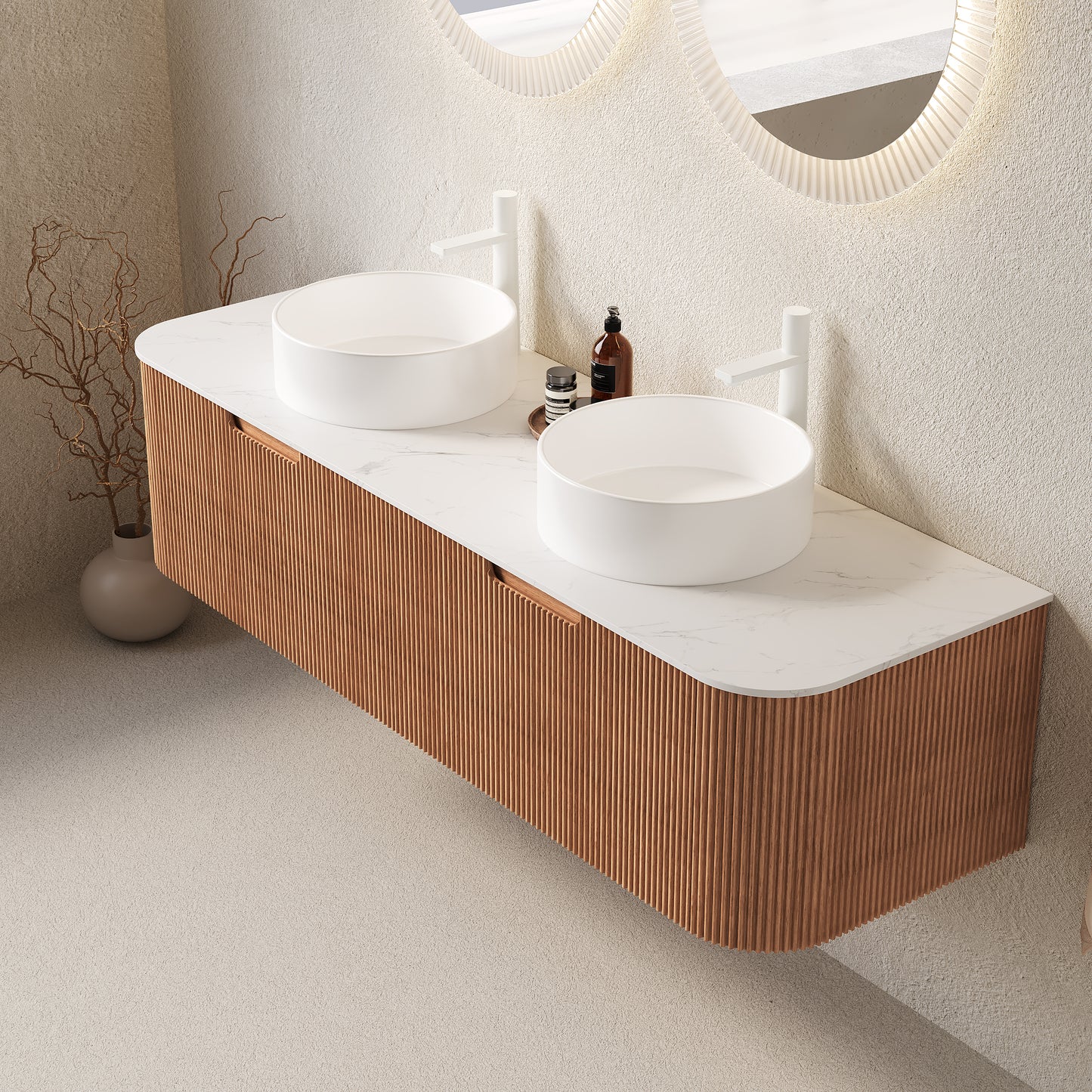 DINA Bathroom Vanity&Sinks, Floating Curved Edges Striped Storage Cabinet, Natural Woodgrain