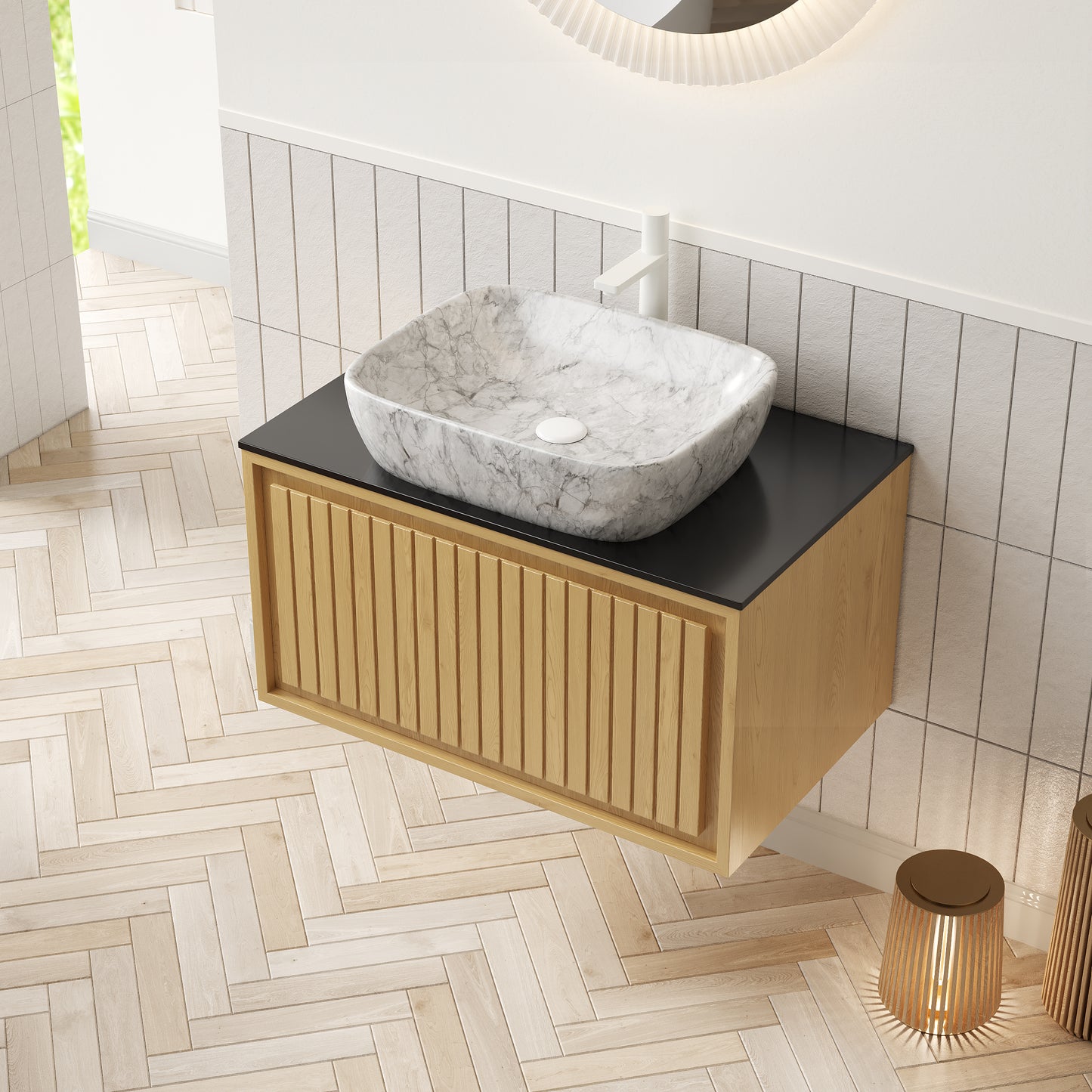 KOLAS 30" Bathroom Vanity&Sink, Wall-Mounted Plywood Bathroom Storage Cabinet with Drawer, Marble Pattern Ceramic Vessel Basin&Black Sintered Stone Top