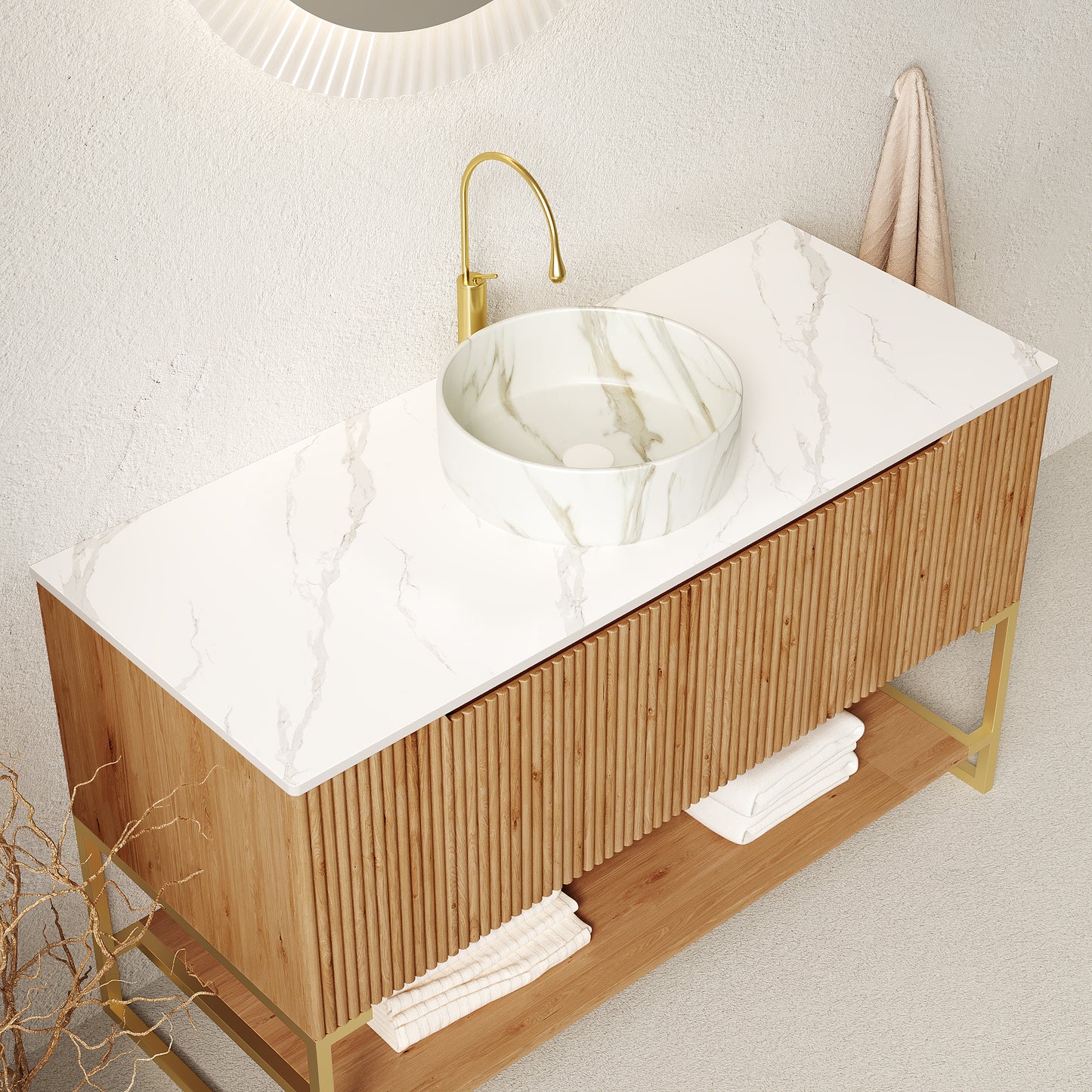 TULIO 48'' Bathroom Vanity&Sink, Freestanding Storage Cabinet with 3 Doors&Open Shelf