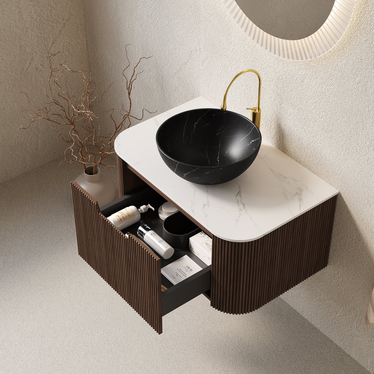 DINA 24" Bathroom Vanity&Sink, Floating Curved Edges Striped Storage Cabinet with Drawer, Stone Black Round Ceramic Basin&Carrara White Sintered Stone Top, Pre-assembled, Dark Walnut Woodgrain Color