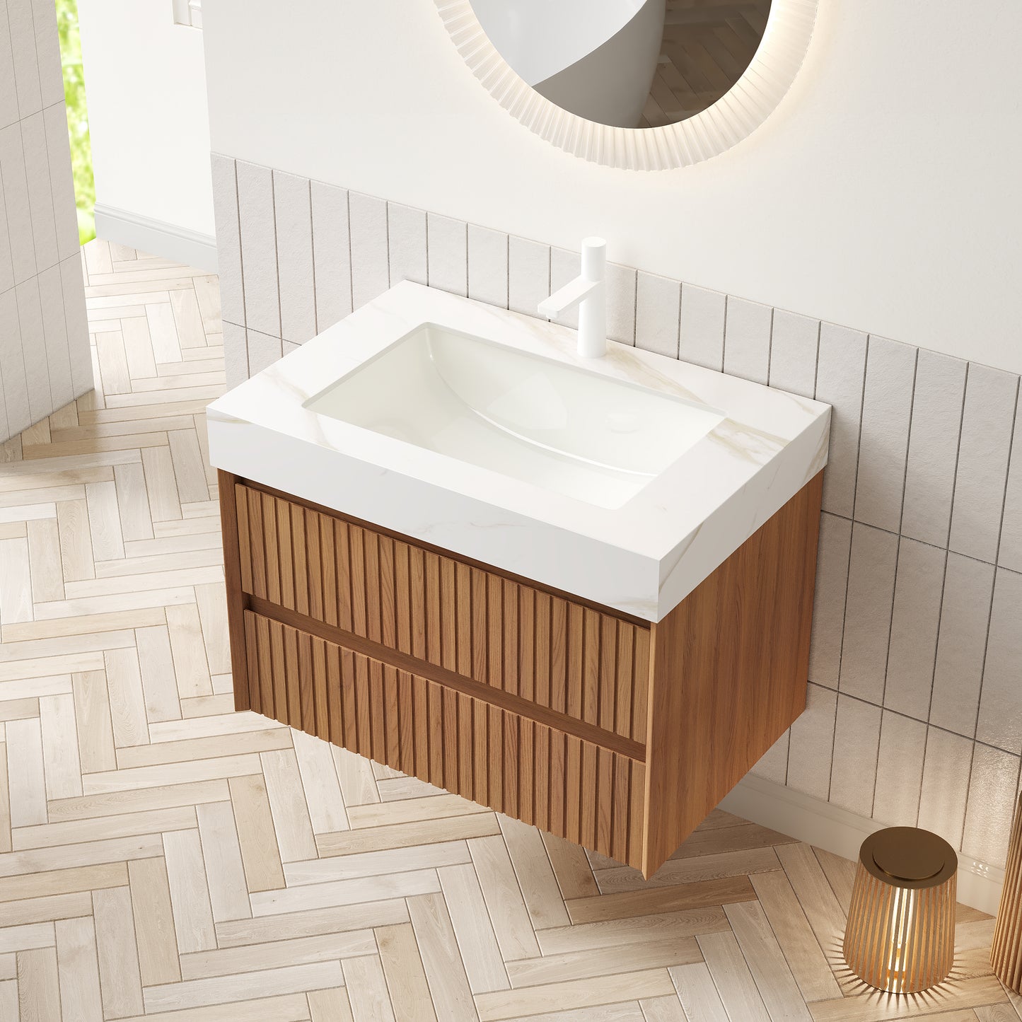 TILLEY 76,2 cm Badezimmer-Waschtisch und Waschbecken, wandmontierter Aufbewahrungsschrank aus gestreiftem Sperrholz mit 2 Schubladen, Calacatta-Gold