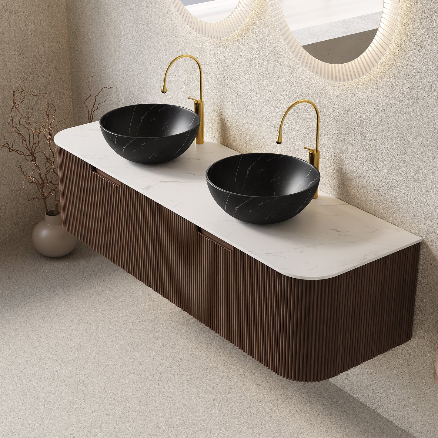 DINA 24" Bathroom Vanity&Sink, Floating Curved Edges Striped Storage Cabinet with Drawer, Stone Black Round Ceramic Basin&Carrara White Sintered Stone Top, Pre-assembled, Dark Walnut Woodgrain Color