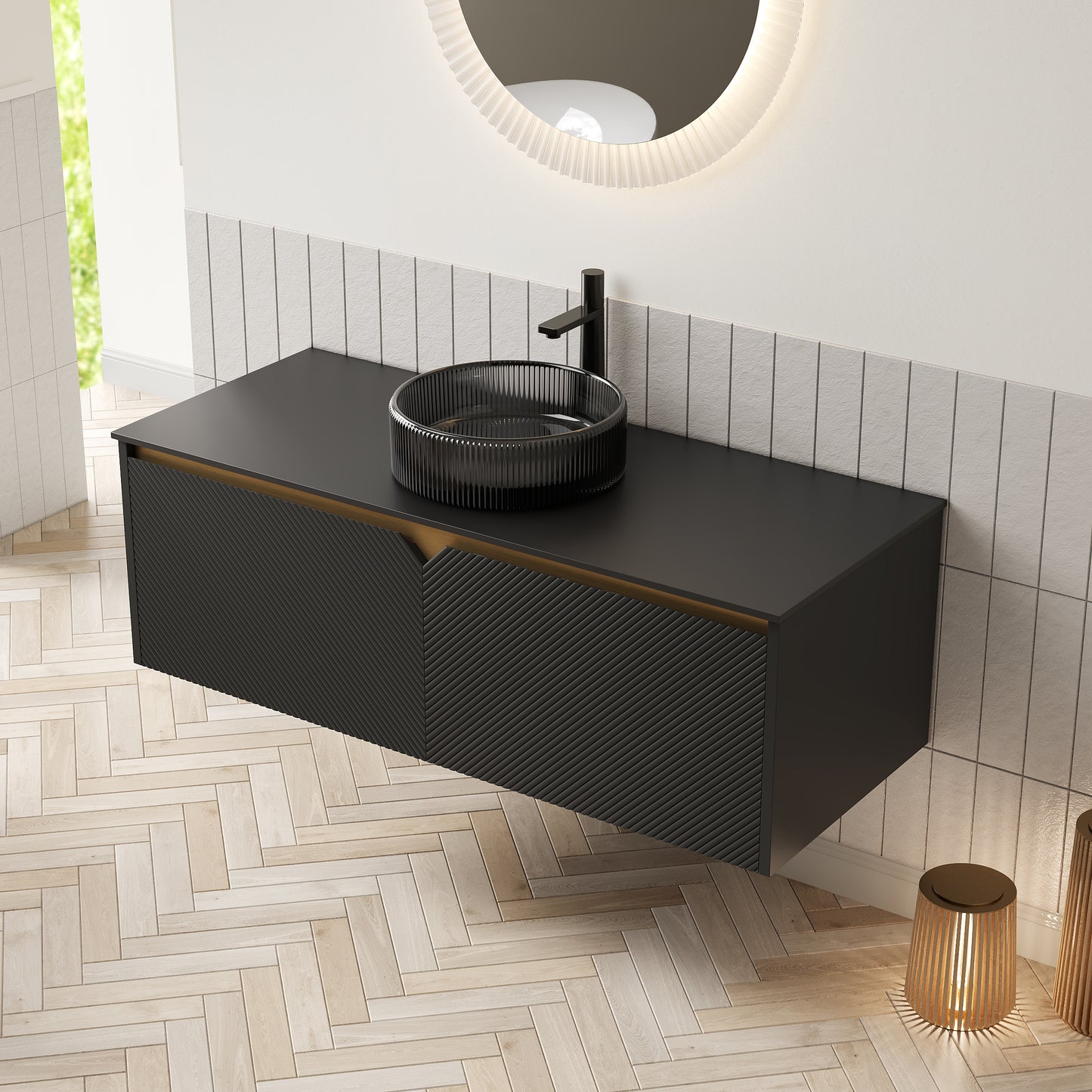 RUBEN 48" Bathroom Vanity with Sink, Wall-Mounted Floating Plywood Storage Cabinet, Black , Transparent Black Round Glass Basin