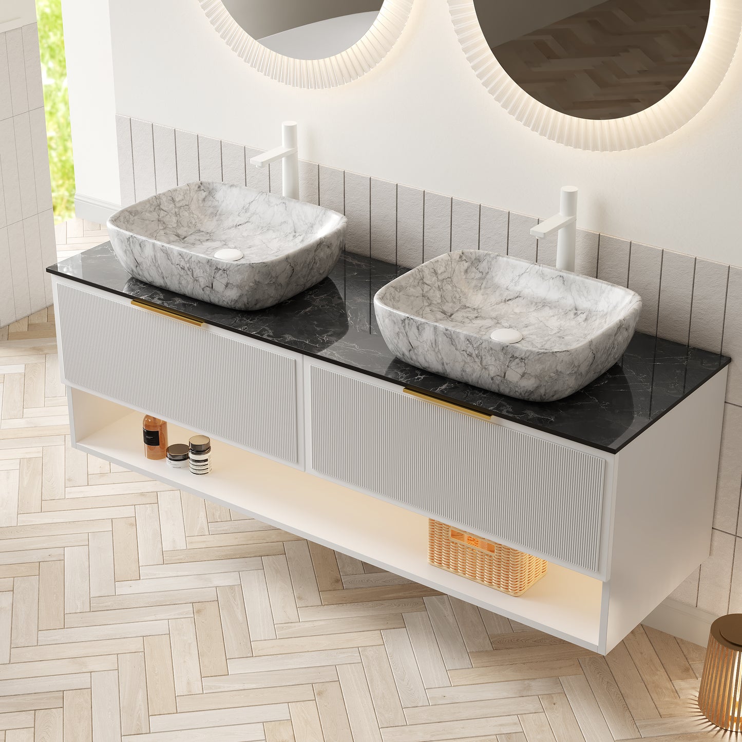 MALONE 48" Badezimmer-Waschtisch mit Waschbecken, schwebender Sperrholz-Aufbewahrungsschrank