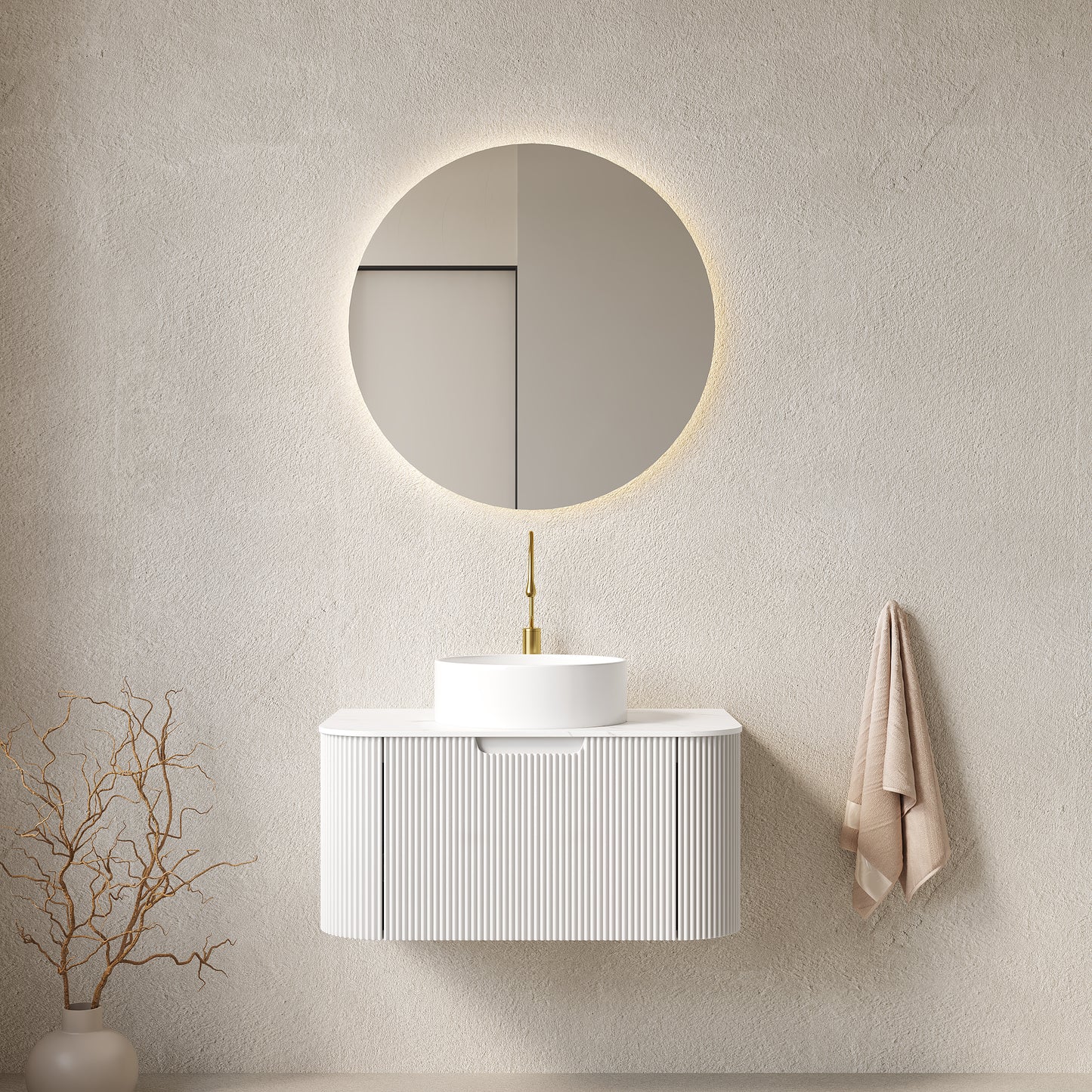 DINA 24" Bathroom Vanity&Sink, Floating Curved Edges Striped Plywood Storage Bathroom Cabinet with Drawer, White Round Ceramic Basin& Carrara White Sintered Stone Top, Pre-assembled, White (New SKU)