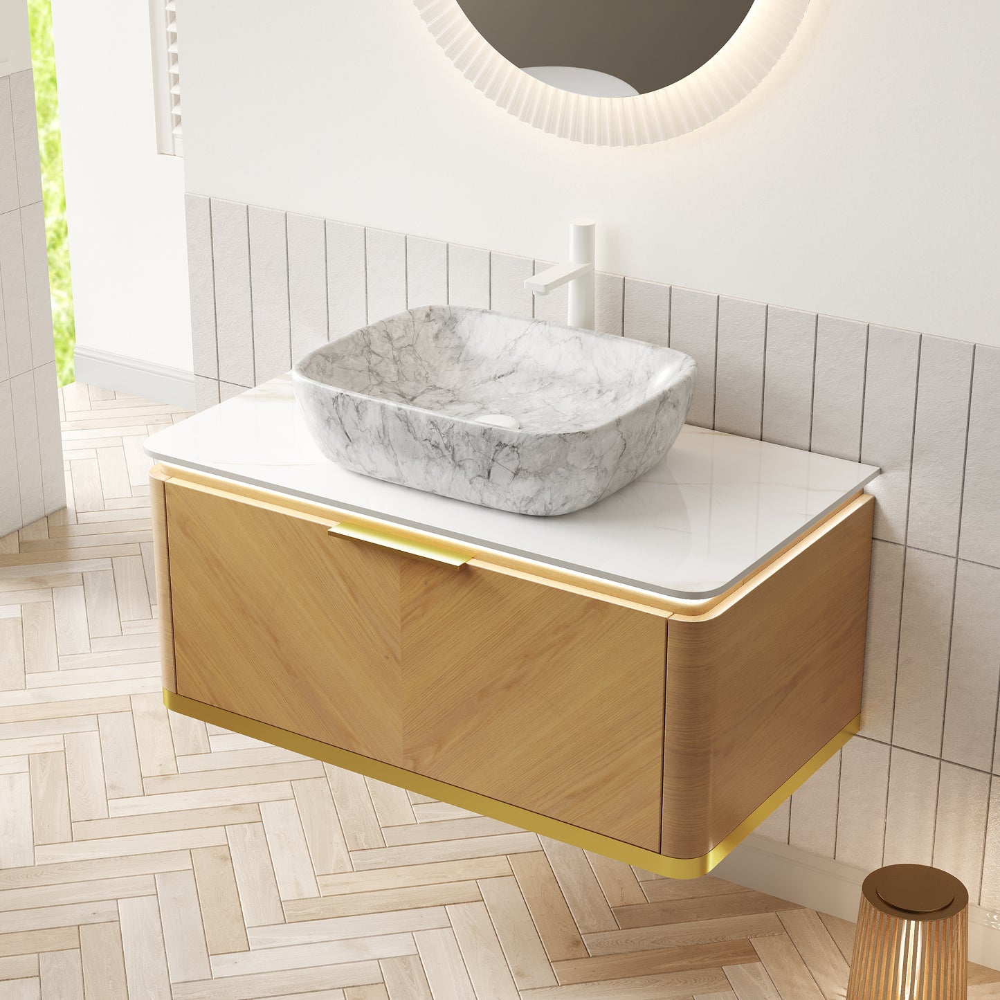 DIPA 60" Badezimmer-Waschtisch und Waschbecken, schwebender Sperrholz-Aufbewahrungsschrank mit 2 Schubladen, Sintersteinplatte