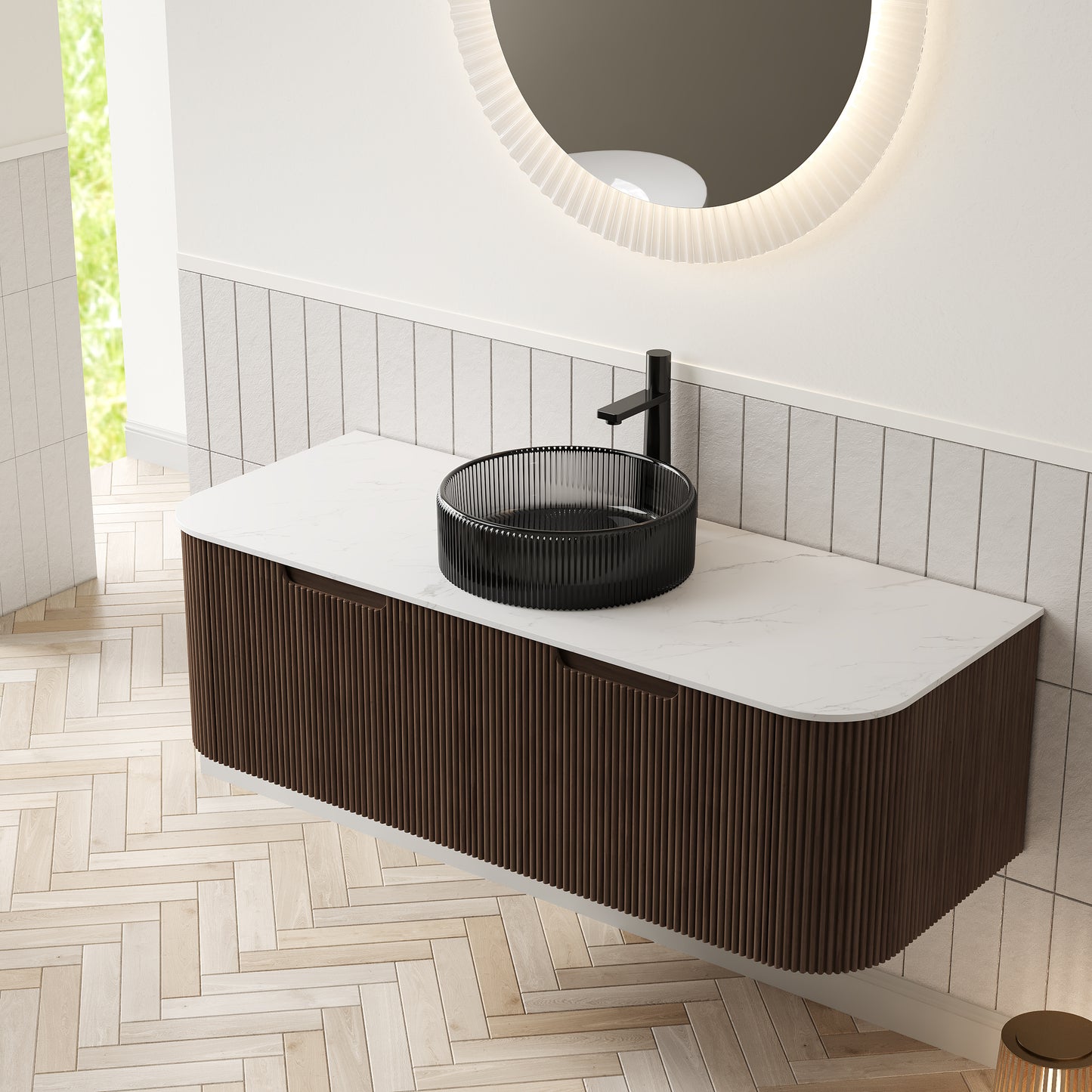 DINA Bathroom Vanity with Sink, Wall-Mounted Curved Edges Striped Bathroom Storage Cabinet Walnut Woodgrain Color