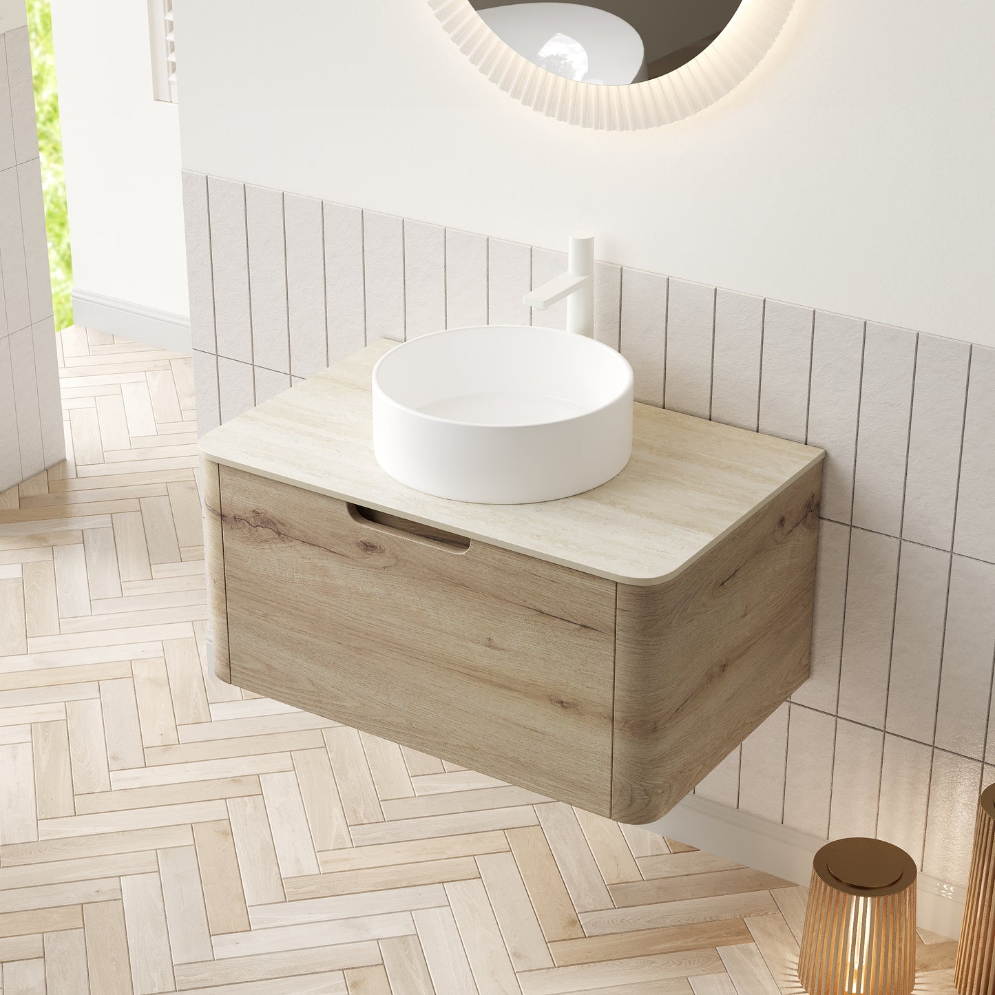 XAI 36" Badezimmerwaschtisch mit Waschbecken, Wandmontierter Sperrholzschrank mit Schublade, Weißes rundes Keramikbecken