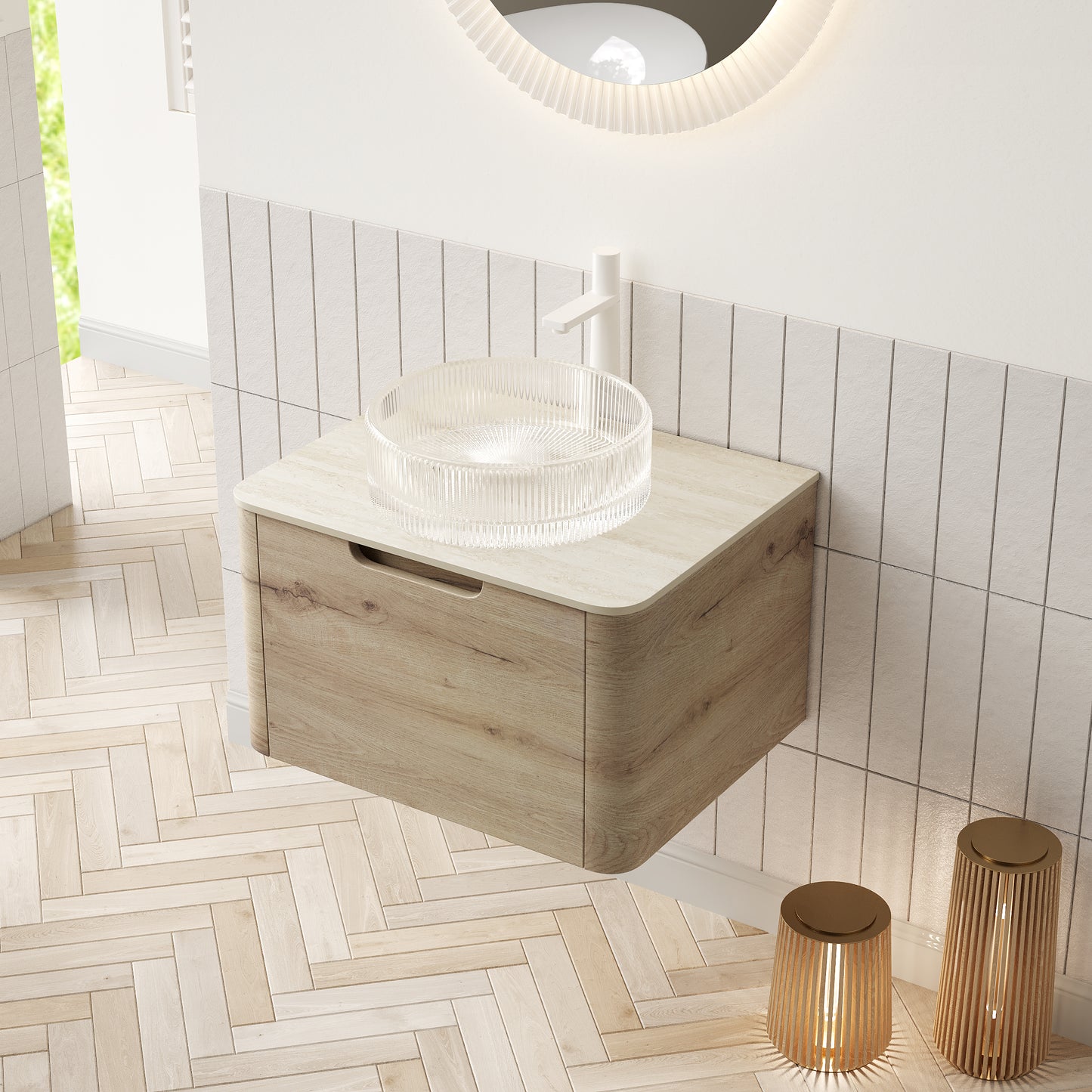 XAI 36" Bathroom Vanity with Sink, Floating Plywood Storage Cabinet with Drawer, Transparent Round Glass Basin