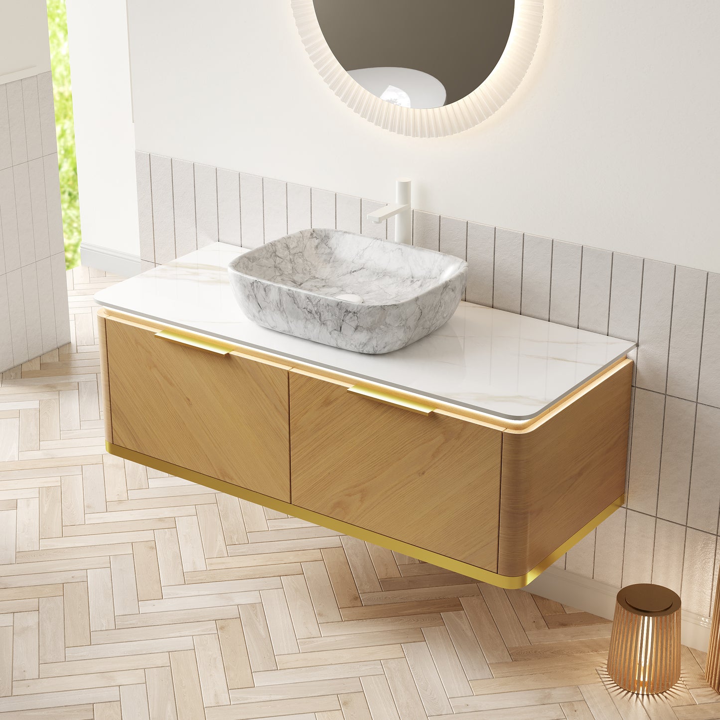 DIPA 60" Badezimmer-Waschtisch und Waschbecken, schwebender Sperrholz-Aufbewahrungsschrank mit 2 Schubladen, Sintersteinplatte