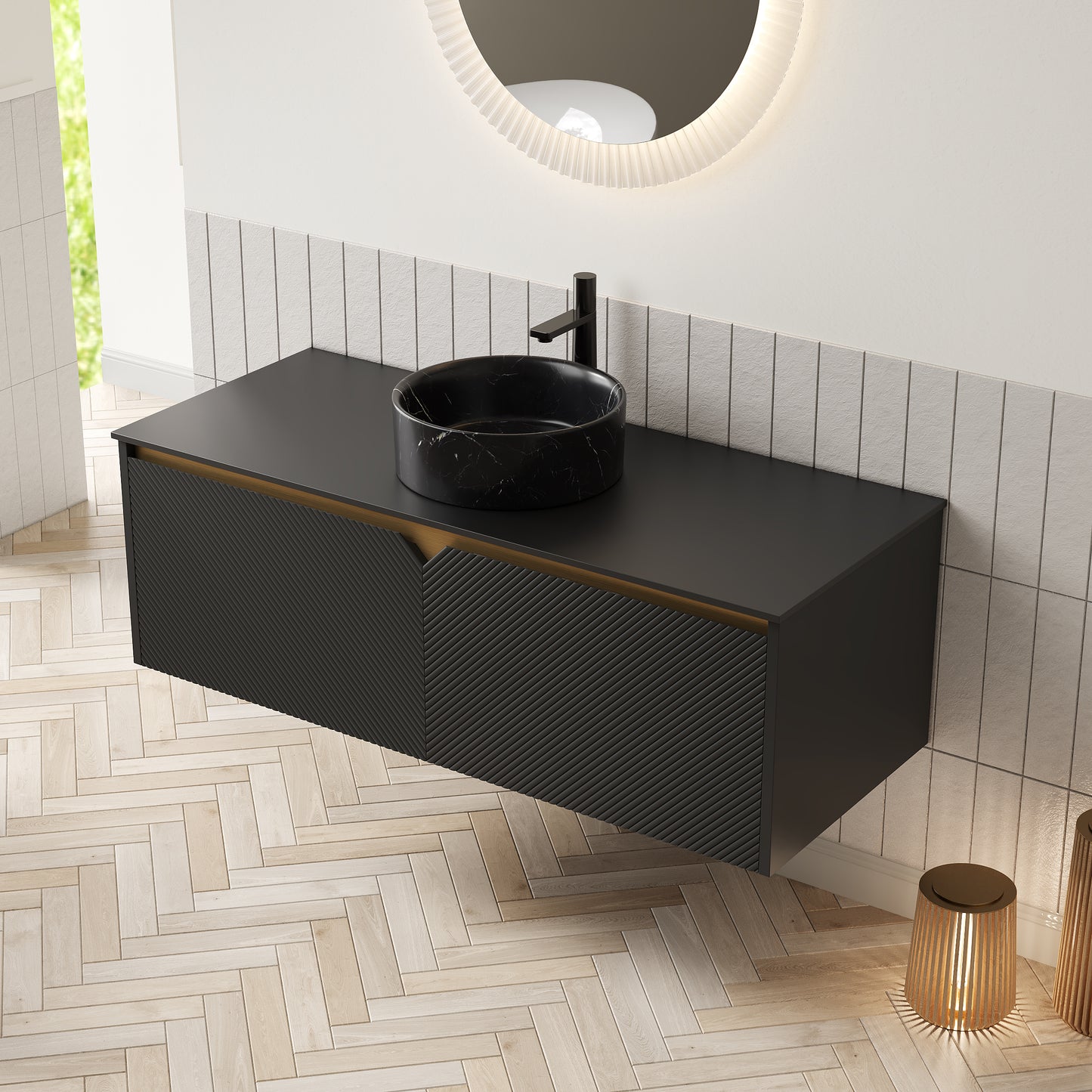 RUBEN 30" Bathroom Vanity&Sink, Wall-Mounted Floating Plywood Storage Cabinet, Black, Black Round Ceramic Vessel Basin