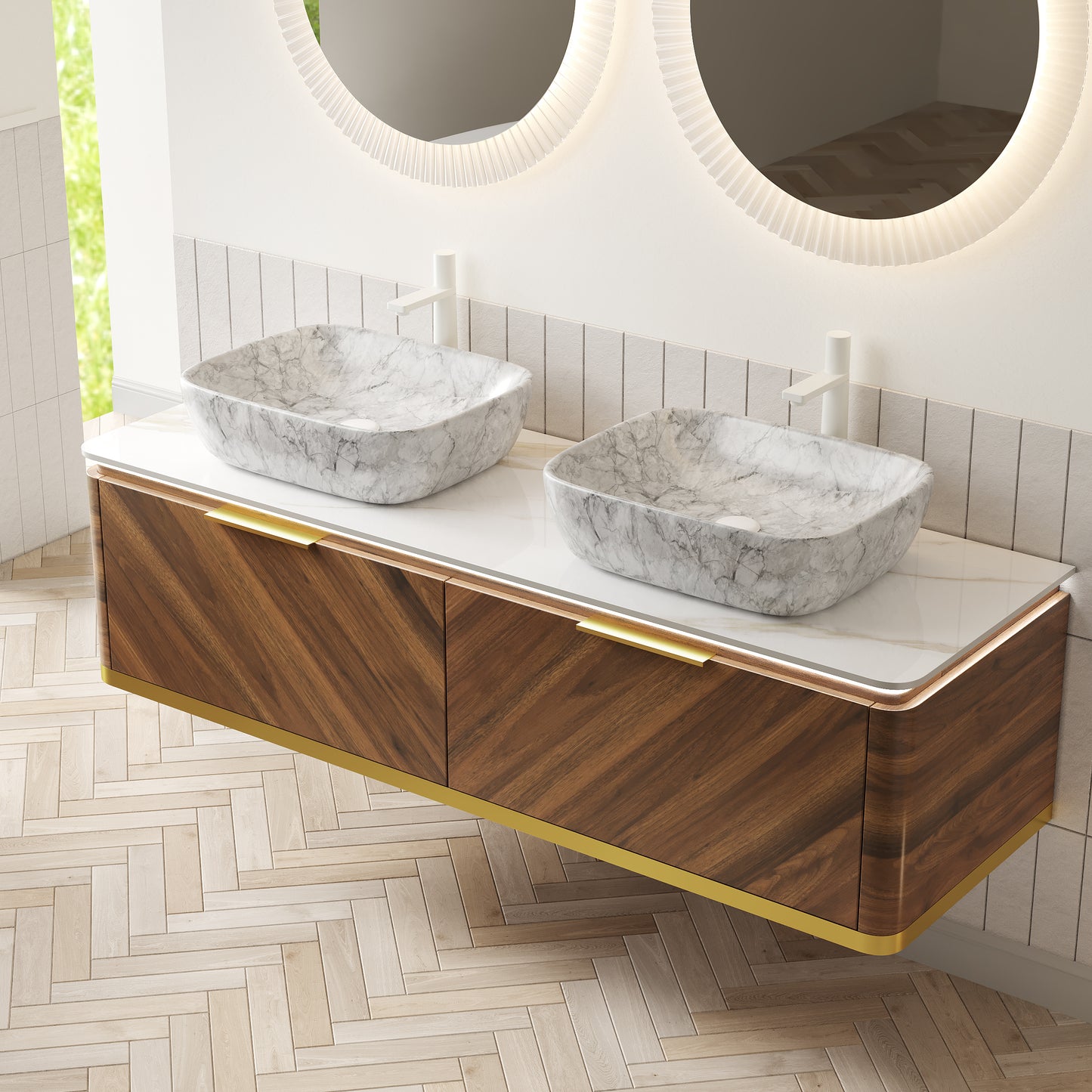 DIPA 60" Badezimmer-Waschtisch und Waschbecken, schwebender Sperrholz-Aufbewahrungsschrank, dunkle Walnussholzmaserung, gesinterte Steinplatte