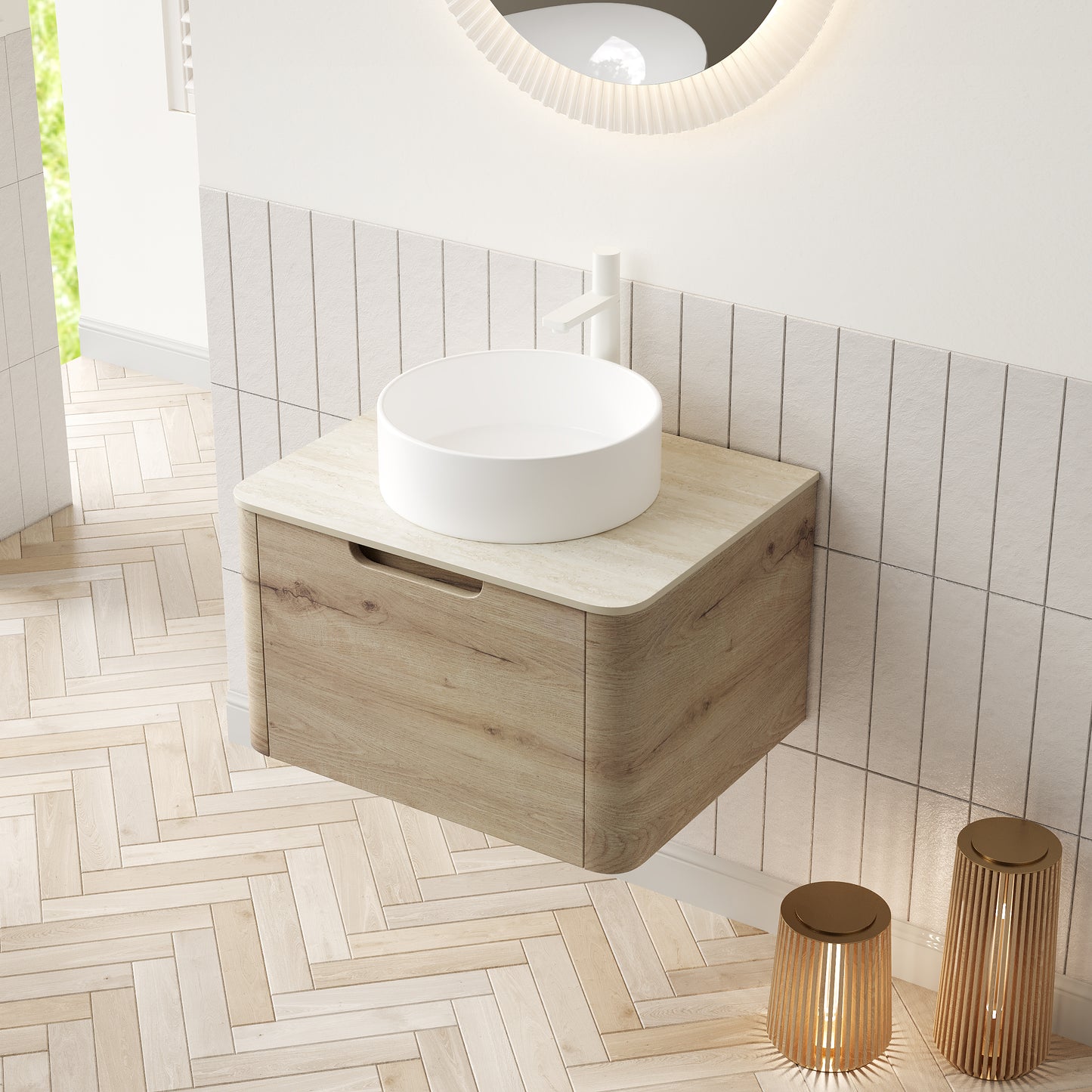 XAI 36" Badezimmerwaschtisch mit Waschbecken, Wandmontierter Sperrholzschrank mit Schublade, Weißes rundes Keramikbecken