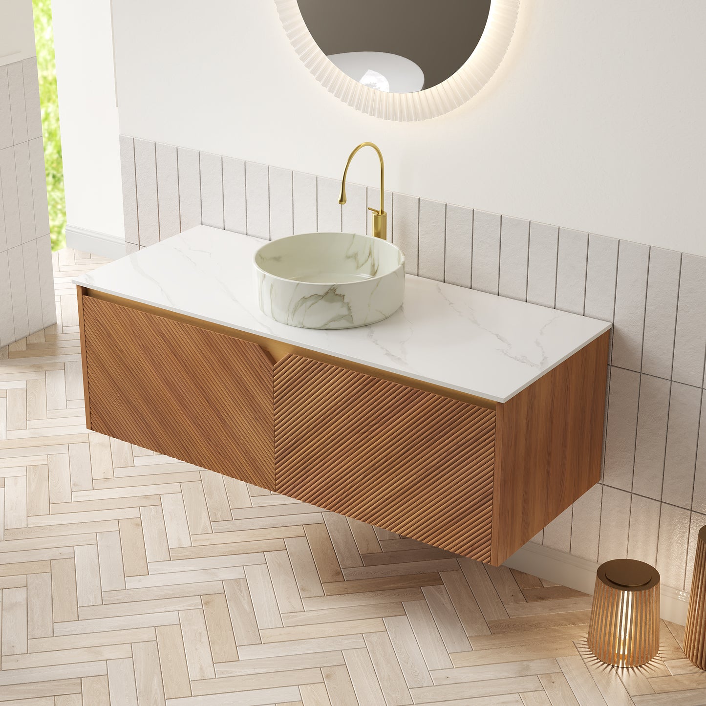 RUBEN 48" Bathroom Vanity&Sink, Floating Plywood Storage Cabinet,  Stone Pattern White Round Ceramic Vessel Basin