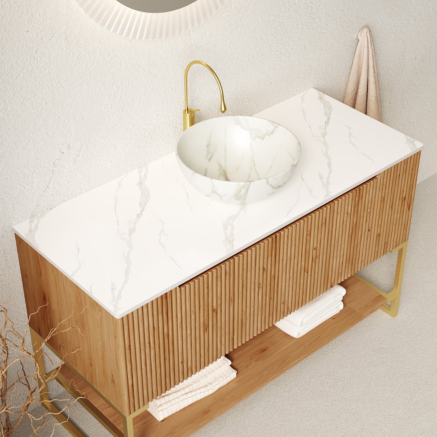 TULIO 48'' Bathroom Vanity&Sink, Freestanding Storage Cabinet with 3 Doors&Open Shelf