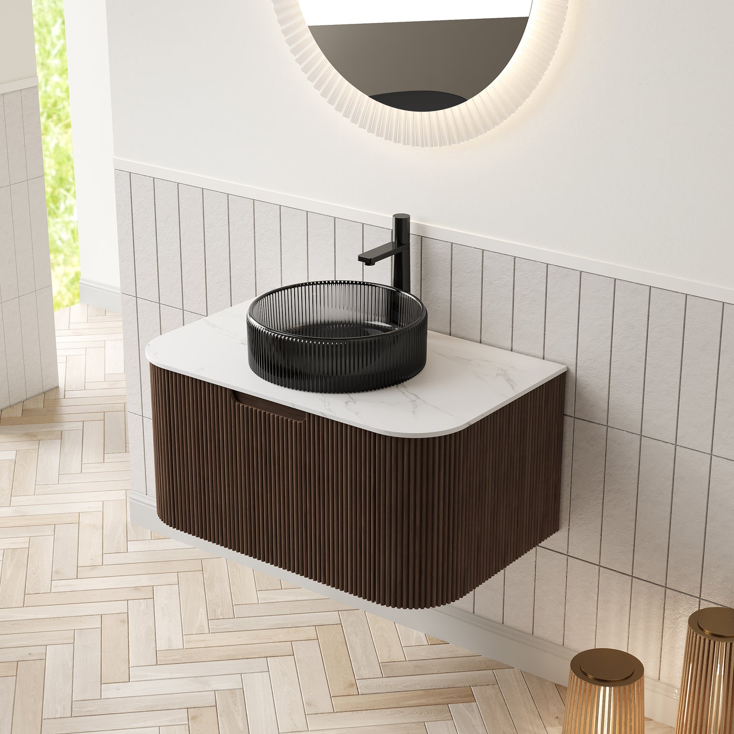 DINA Bathroom Vanity with Sink, Wall-Mounted Curved Edges Striped Bathroom Storage Cabinet Walnut Woodgrain Color