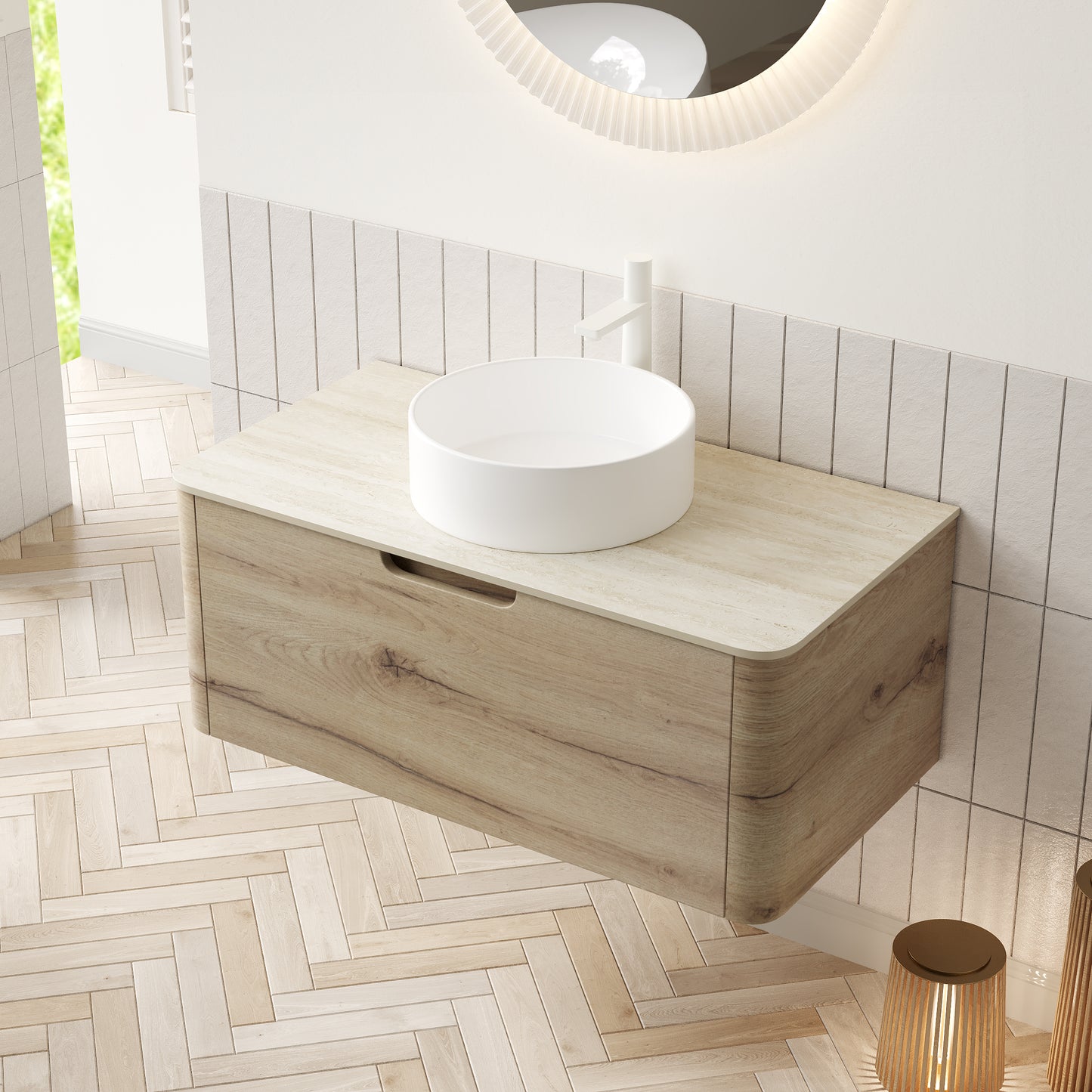 XAI 36" Badezimmerwaschtisch mit Waschbecken, Wandmontierter Sperrholzschrank mit Schublade, Weißes rundes Keramikbecken