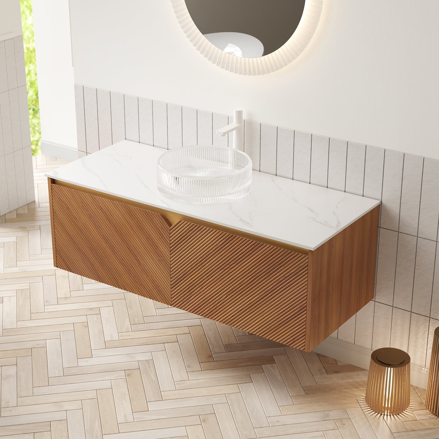 RUBEN 48" Bathroom Vanity&Sink, Floating Plywood Storage Cabinet,transparent Round Glass