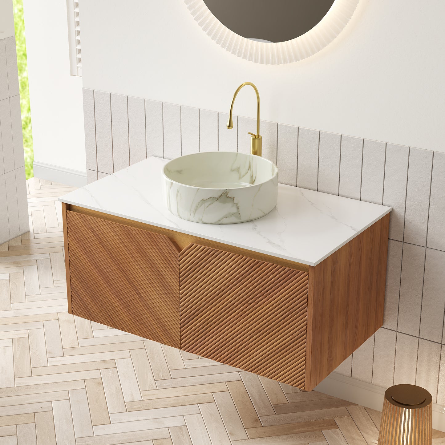 RUBEN 48" Bathroom Vanity&Sink, Floating Plywood Storage Cabinet,  Stone Pattern White Round Ceramic Vessel Basin
