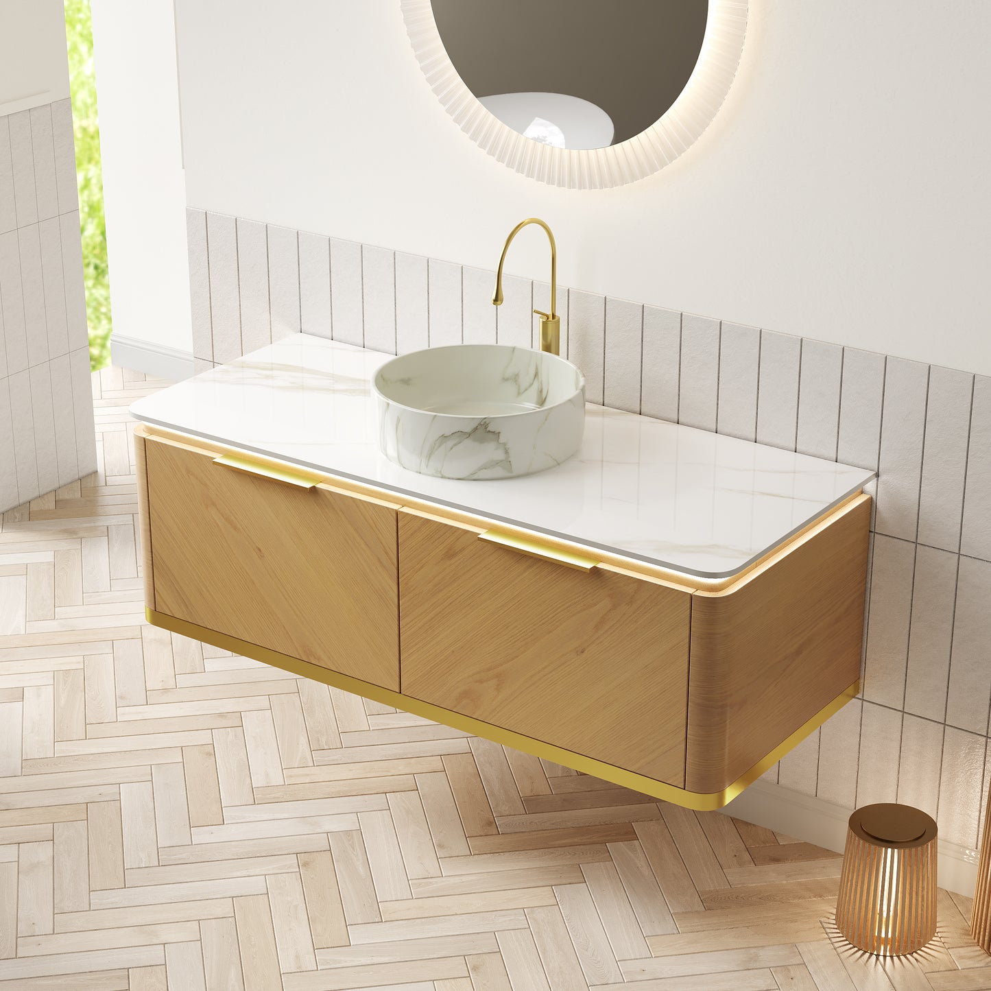 DIPA 60" Badezimmer-Waschtisch und Waschbecken, schwebender Sperrholz-Aufbewahrungsschrank mit Schublade, Eichenholzmaserung