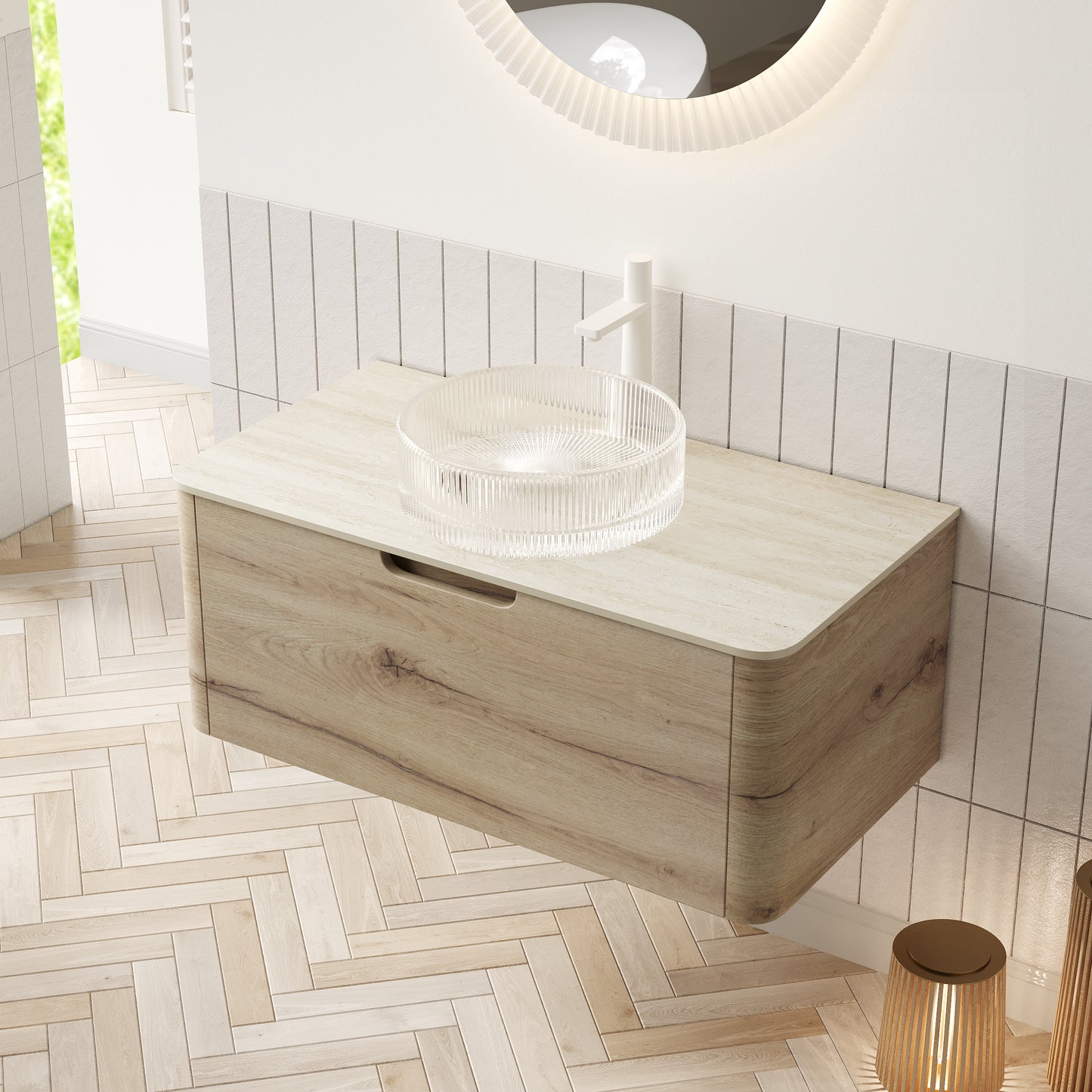 XAI 36" Bathroom Vanity with Sink, Floating Plywood Storage Cabinet with Drawer, Transparent Round Glass Basin