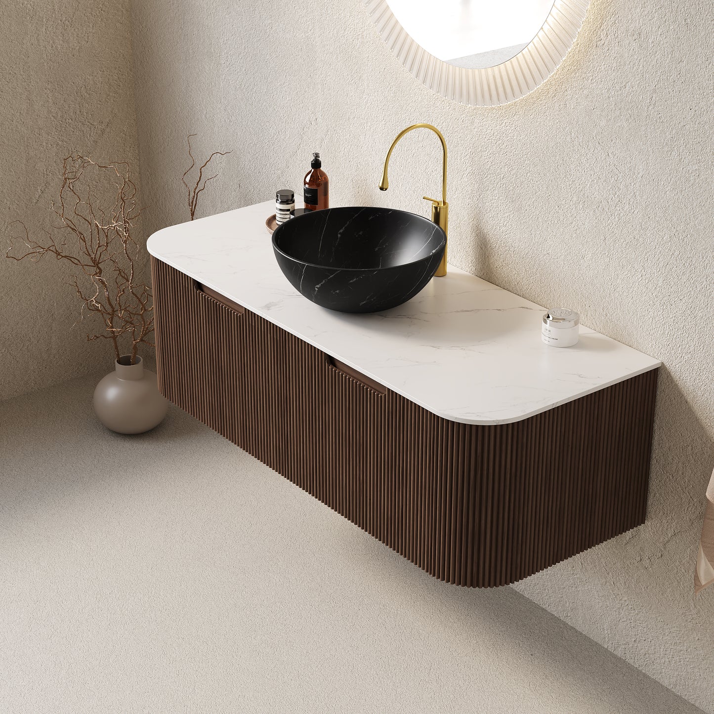 DINA 24" Bathroom Vanity&Sink, Floating Curved Edges Striped Storage Cabinet with Drawer, Stone Black Round Ceramic Basin&Carrara White Sintered Stone Top, Pre-assembled, Dark Walnut Woodgrain Color