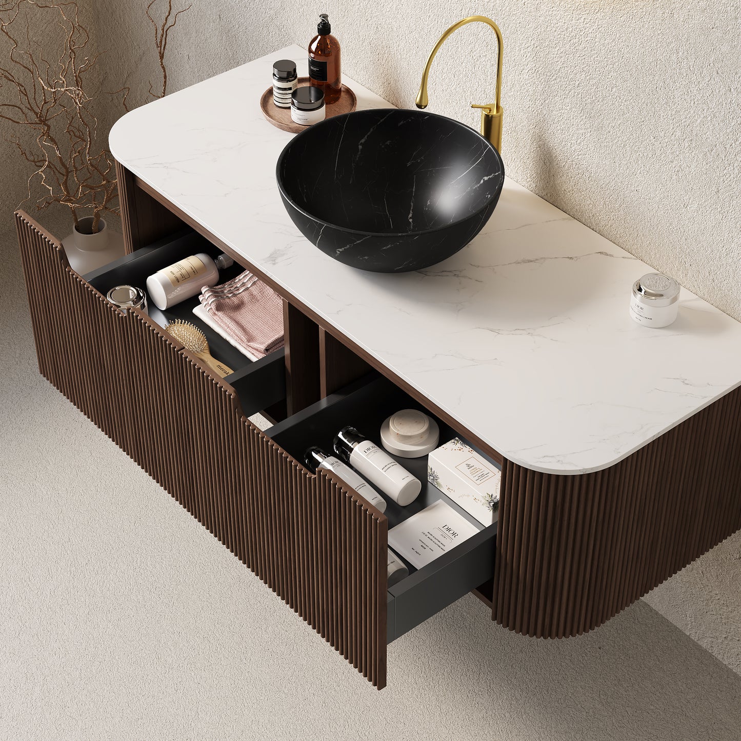 DINA 24" Bathroom Vanity&Sink, Floating Curved Edges Striped Storage Cabinet with Drawer, Stone Black Round Ceramic Basin&Carrara White Sintered Stone Top, Pre-assembled, Dark Walnut Woodgrain Color