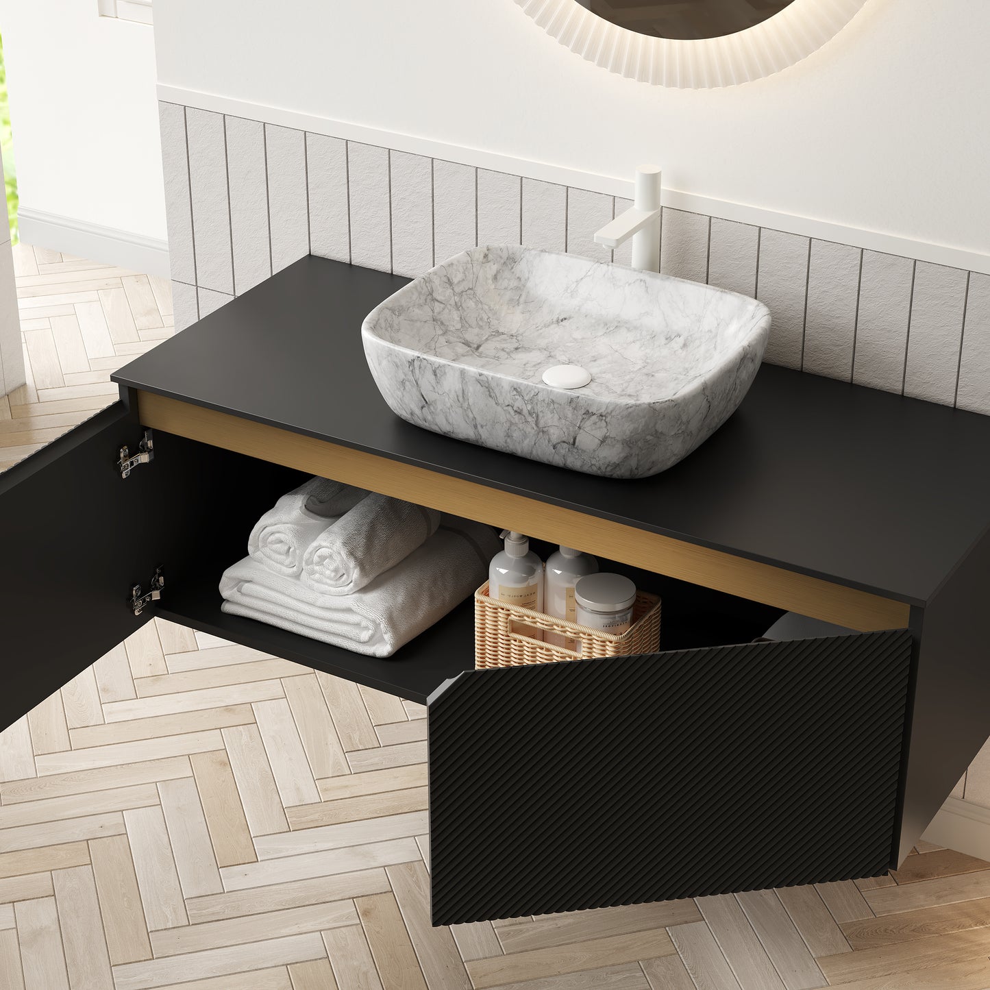 RUBEN 48" Bathroom Vanity&Sink, Wall-Mounted Floating Plywood Storage Cabinet,Black,Marble Pattern Rectangle Ceramic Vessel Basin