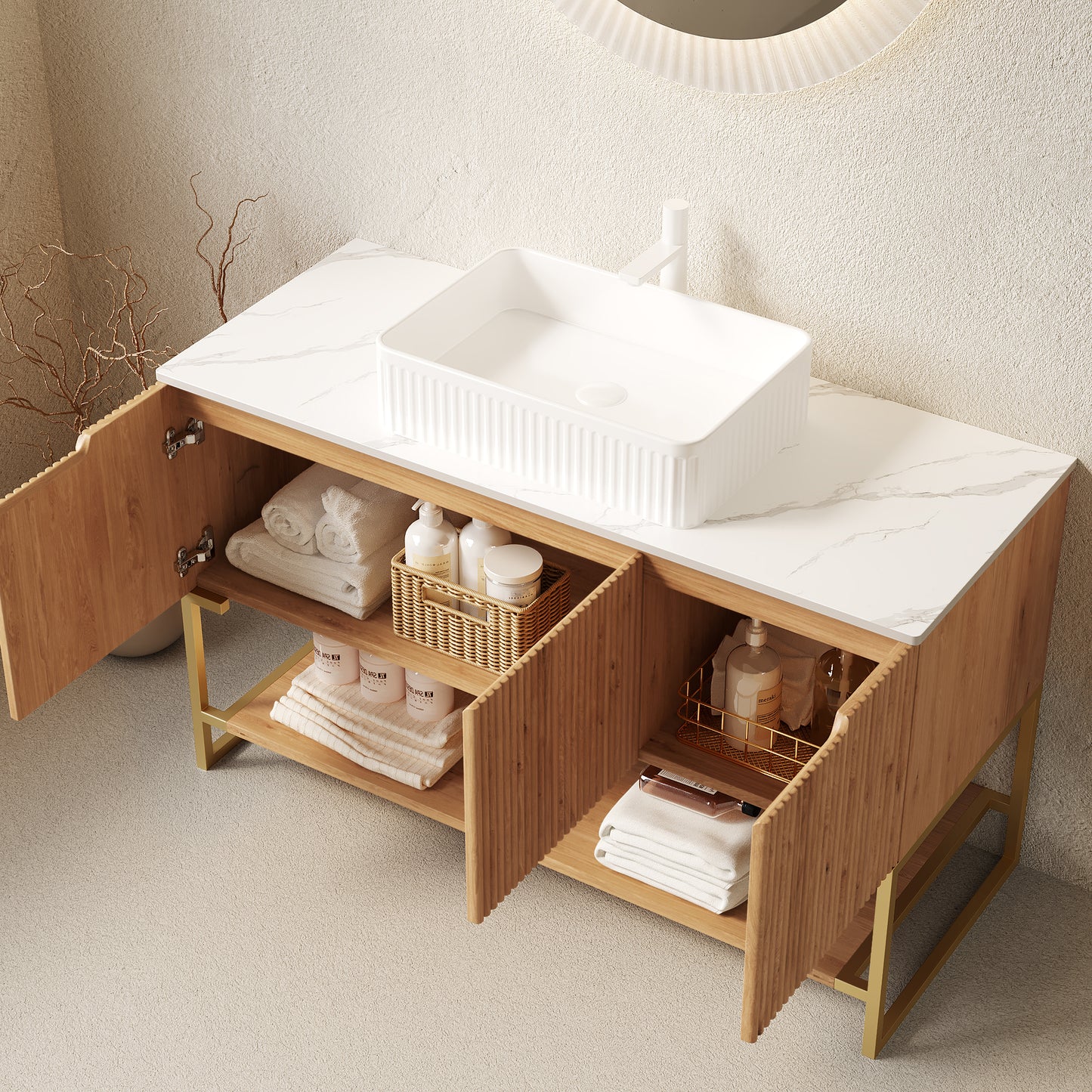 TULIO 48'' Bathroom Vanity&Sink, Freestanding Storage Cabinet with 3 Doors&Open Shelf