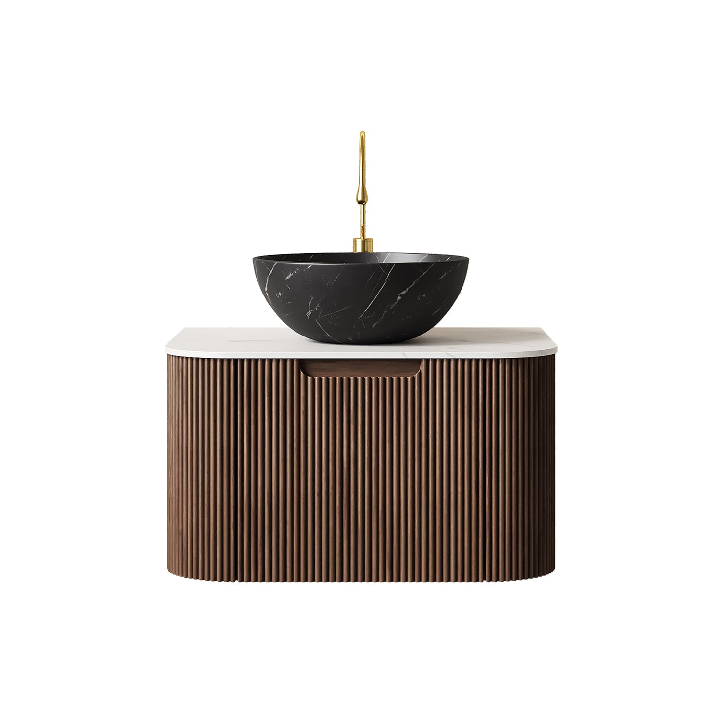 DINA 24" Bathroom Vanity&Sink, Floating Curved Edges Striped Storage Cabinet with Drawer, Stone Black Round Ceramic Basin&Carrara White Sintered Stone Top, Pre-assembled, Dark Walnut Woodgrain Color